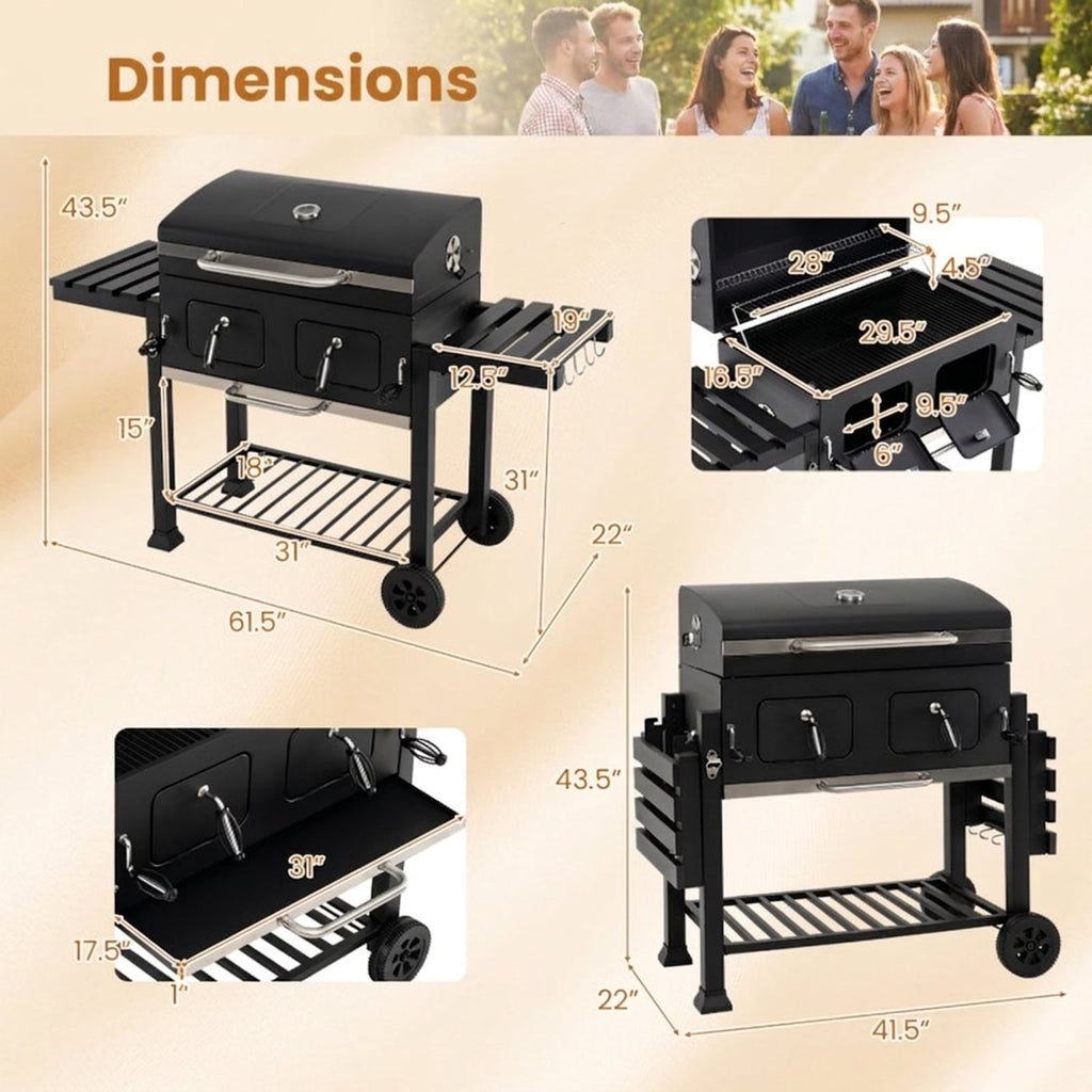 Biotree 780 SQIN Large Charcoal Grill, Outdoor BBQ Grill with Adjustable Charcoal Trays, Protective Cover, Folding Side Tables - Wheels, Portable Charcoal Cooker for Backyard Patio Camping Black