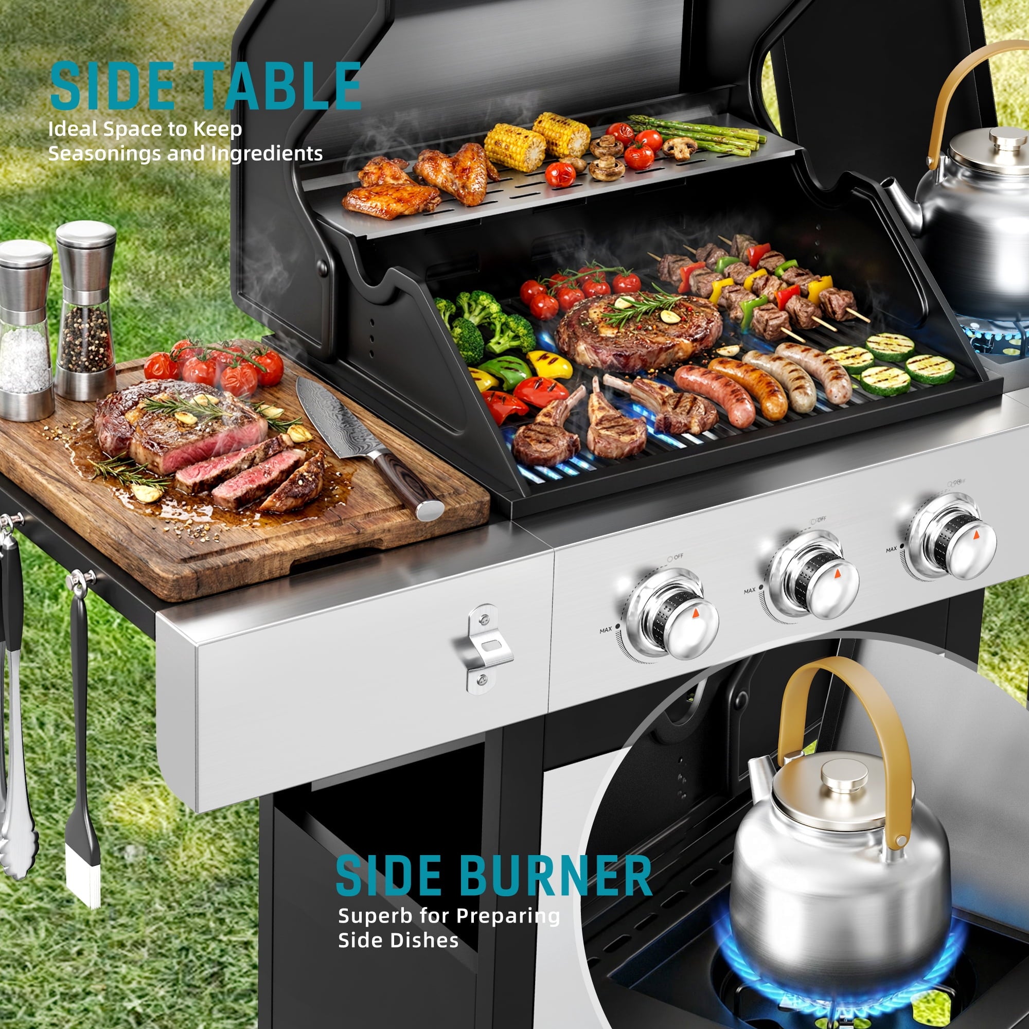 Biotree 3 Burner Gas Grill with Side Burner, 40800 BTU Barbecue Grill Propane Stainless Steel BBQ Grill with Porcelain-Enameled Cast Iron Grates for Outdoor Cooking