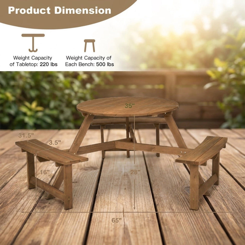 Biotree 65-Inch 6-person Round Wooden Picnic Table with Umbrella Hole and 3 Built-in Benches, Tan