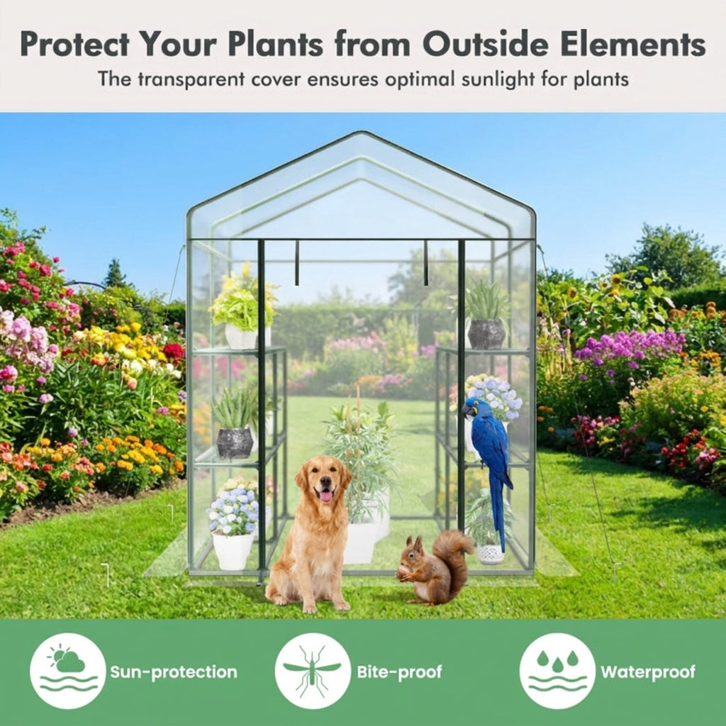 Biotree Walk-in Greenhouse with 3 Tiers 8 Shelves PVC Cover Roll for Outdoor Garden Backyard Patio Vegetables Flowers, Transparent