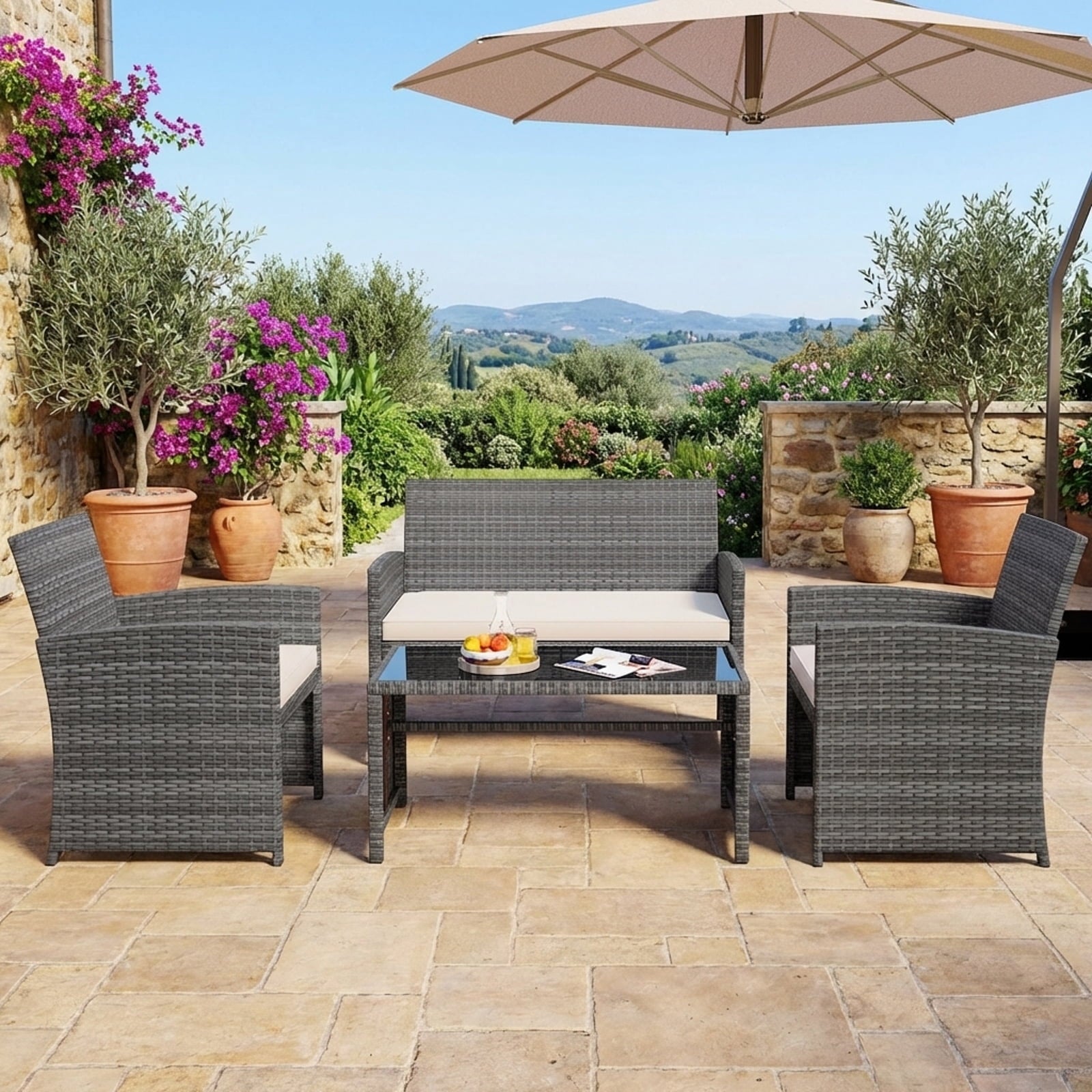 Biotree 4-Piece Patio Rattan Loveseat and Table Set-Off White