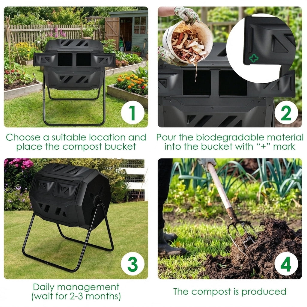 Biotree 43 Gallon Composting Tumbler Compost Bin with Dual Rotating Chamber Outdoor Garden Organic Yard