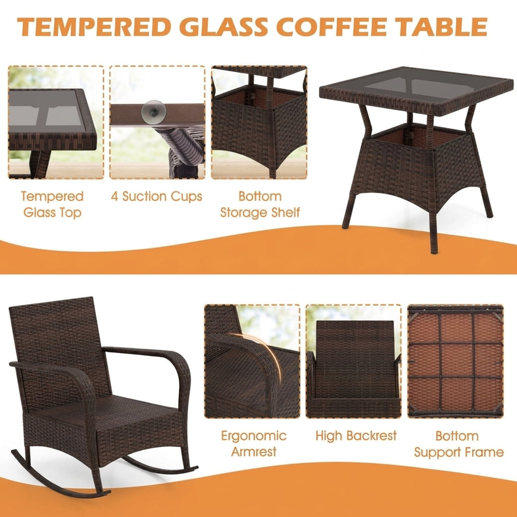 Biotree 3 Pieces Outdoor Rocking Set with Tempered Glass Coffee Table for Backyard Poolside Outdoor Conversation Set for Garden Backyard PorchBlack