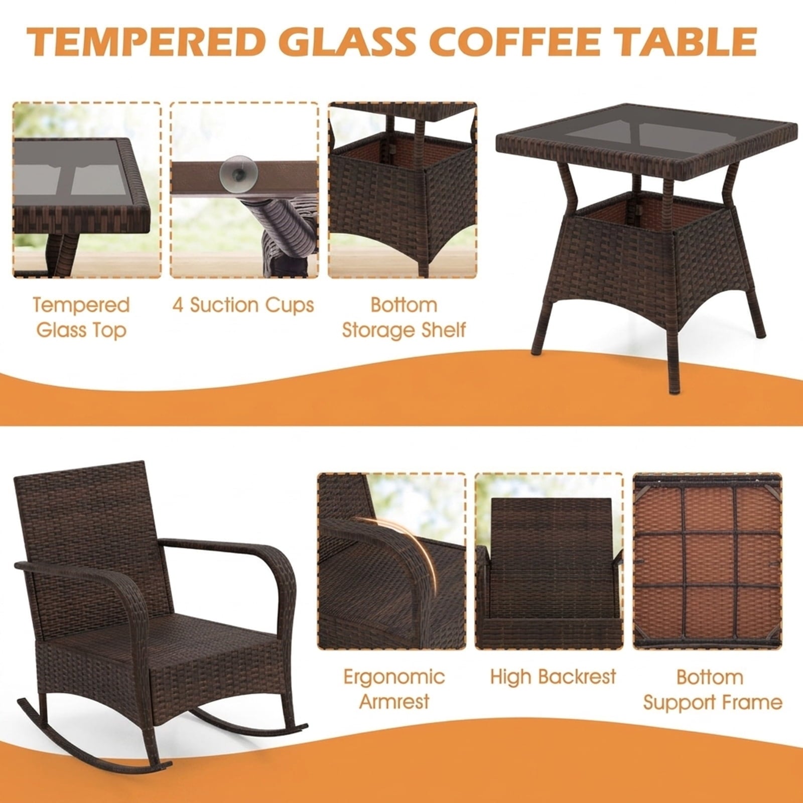 Biotree 3 Pieces Outdoor Rocking Set with Tempered Glass Coffee Table for Backyard Poolside Outdoor Conversation Set for Garden Backyard PorchBlack