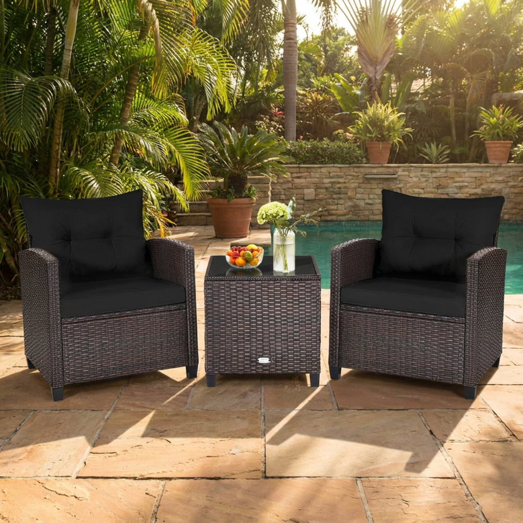 Biotree 3 Pcs Patio Rattan Furniture Set Cushioned Conversation Set Coffee Table Outdoor Conversation Set for Garden Backyard PorchBlack