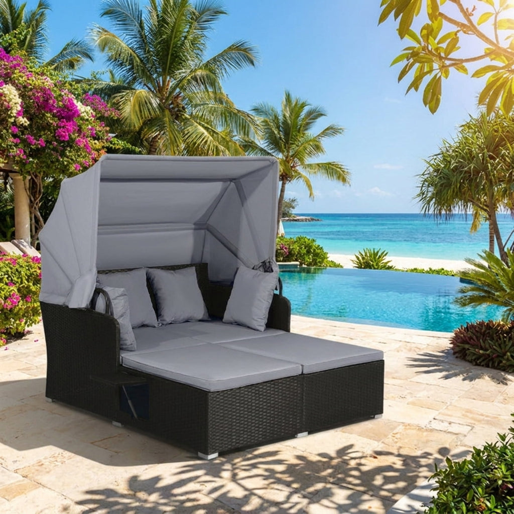 Biotree Patio Rattan Daybed with Retractable Canopy and Side Tables Outdoor Conversation Set for Garden Backyard PorchGray