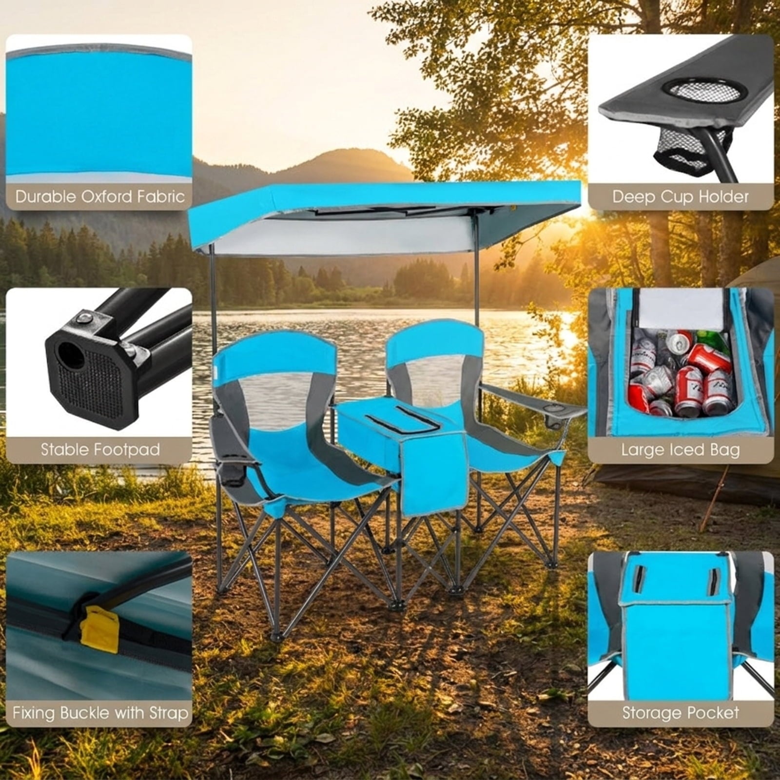Biotree Portable Folding Camping Canopy Chairs with Cup Holder, Blue