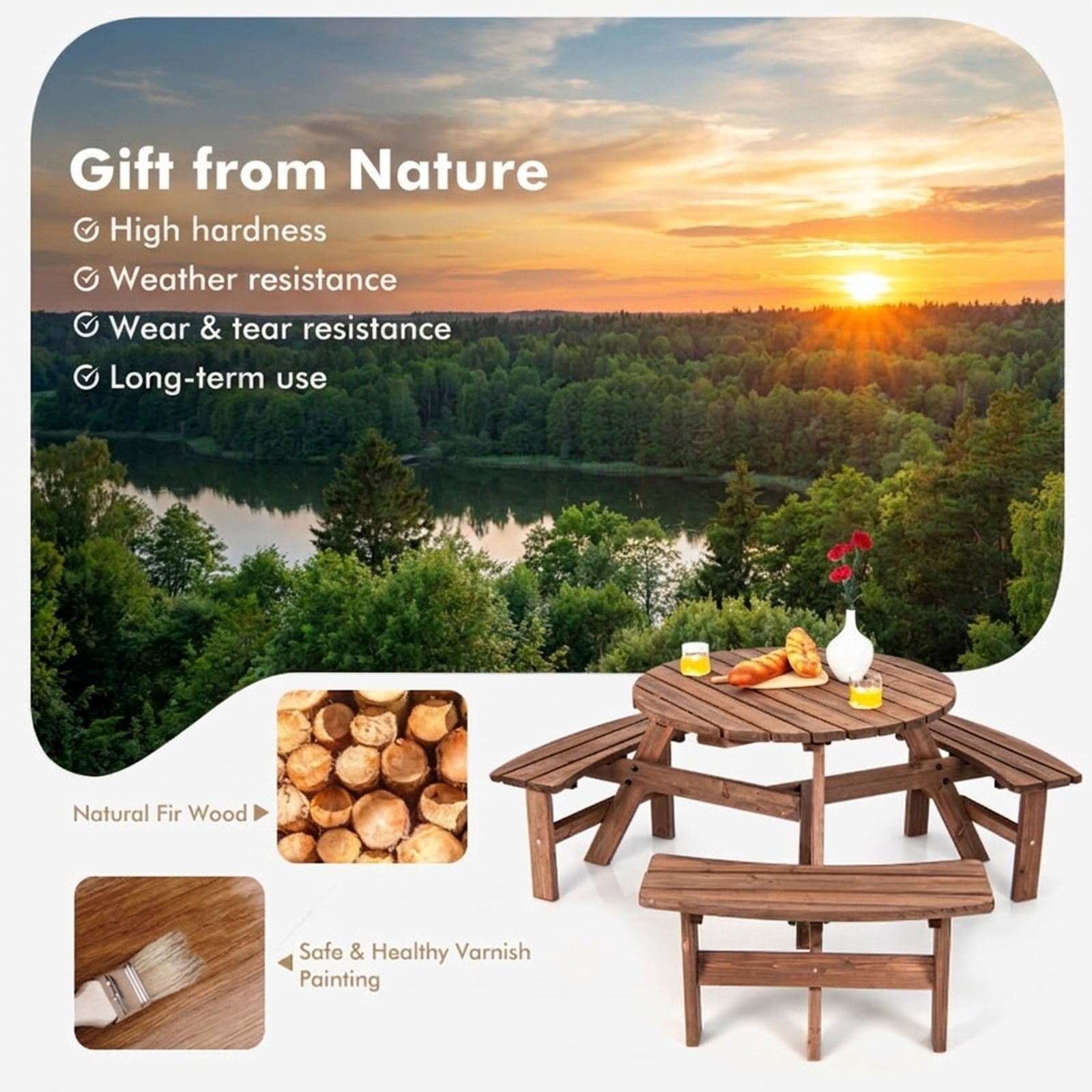 Biotree 66.9-Inch 6 Person Wooden Picnic Table Set with Bench and Umbrella Hold, Black
