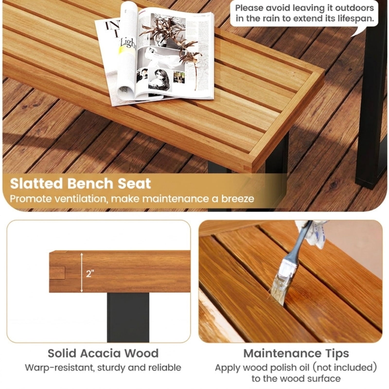 Biotree Acacia Wood Outdoor Bench 48 Inch Long Patio Dining Bench-Set of 2 Stackable Patio Chair for Garden BackyardNatural+Black
