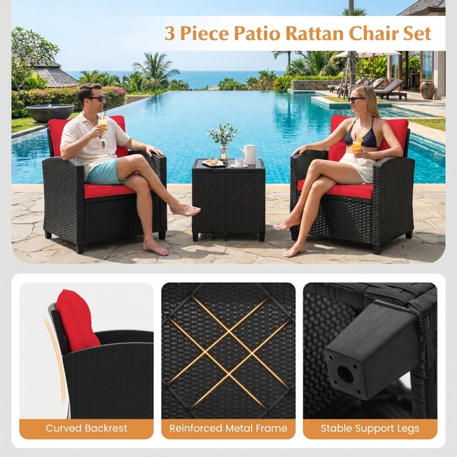 Biotree 3 Pieces Patio Furniture Set with Tempered Glass Coffee Table Outdoor Conversation Set for Garden Backyard Porch