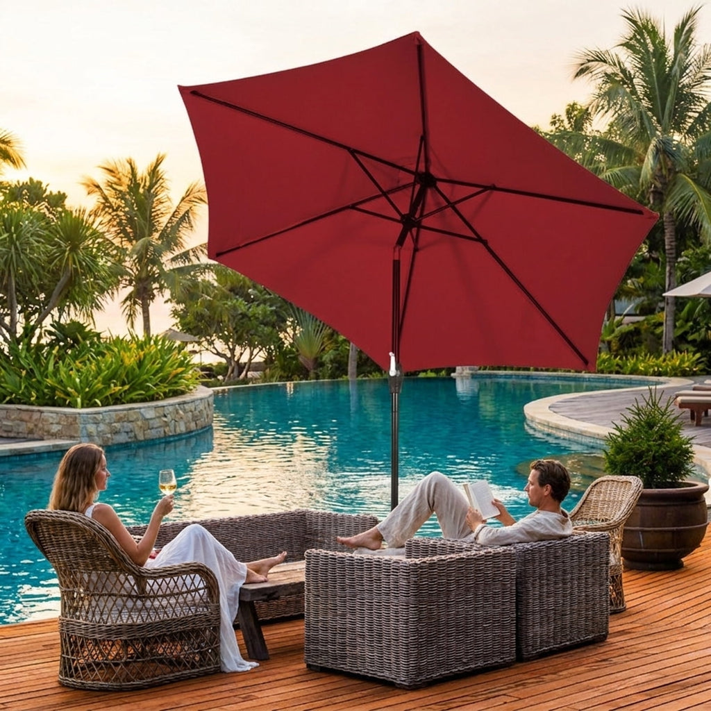 Biotree 9 ft Market Patio Umbrella with Crank and Tilt, 8 Sturdy Ribs, Vented Canopy - Burgundy for Backyard