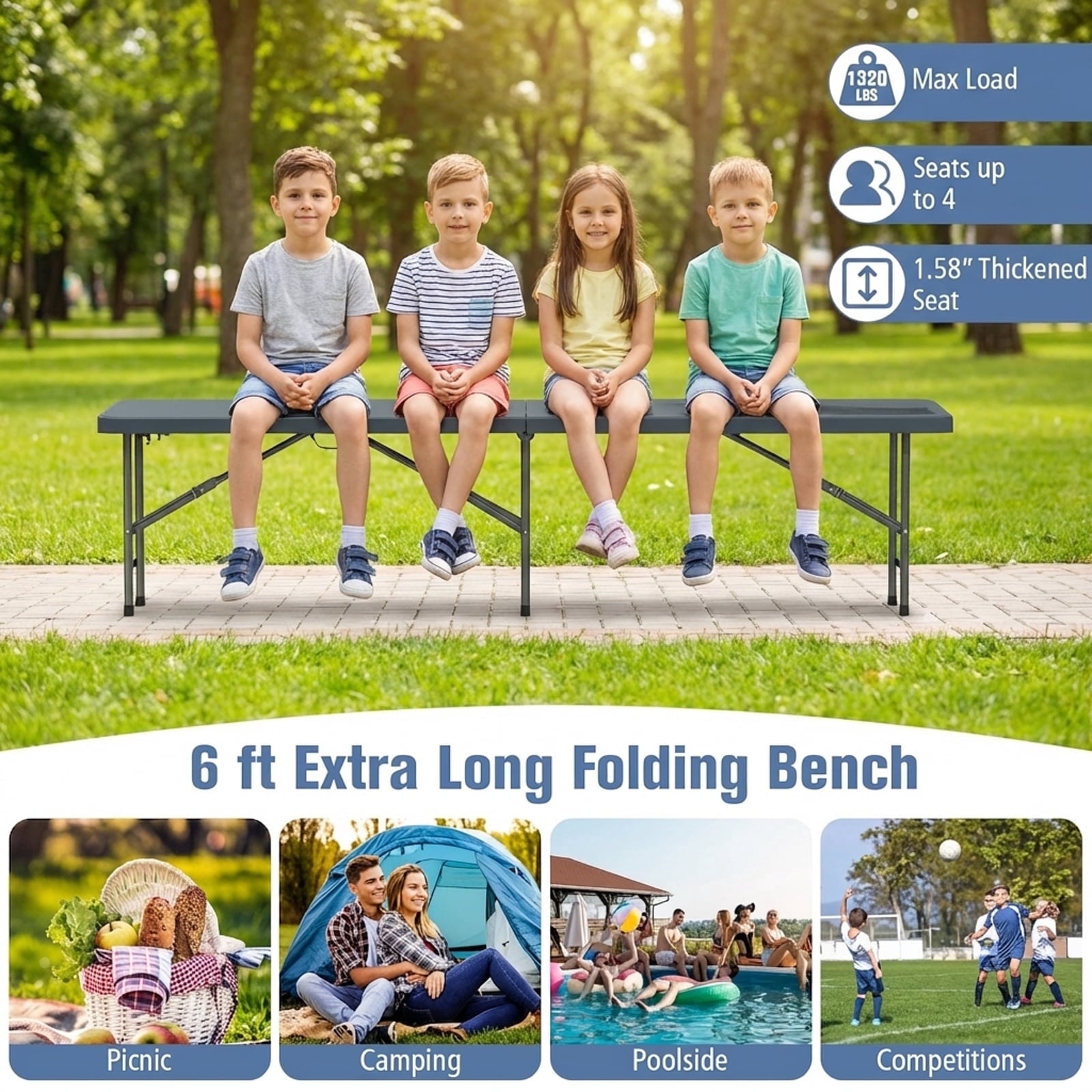 Biotree 6 Feet Plastic Folding Bench Portable Seat with Handle and Lock for Camping Picnic Party Events, Gray