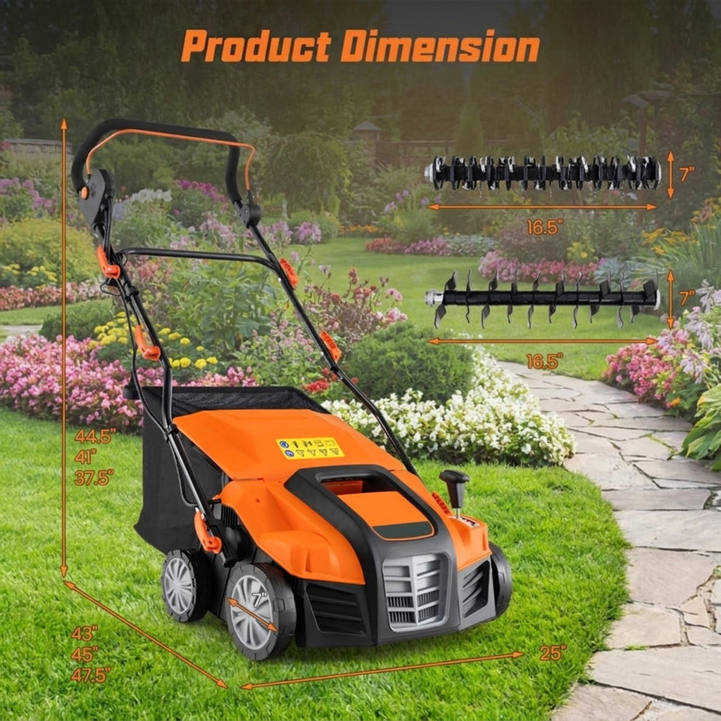 Biotree 16-Inch Electric Lawn Dethatcher and Scarifier with Collection Bag for Lawn Garden Yard Soil Care, Orange