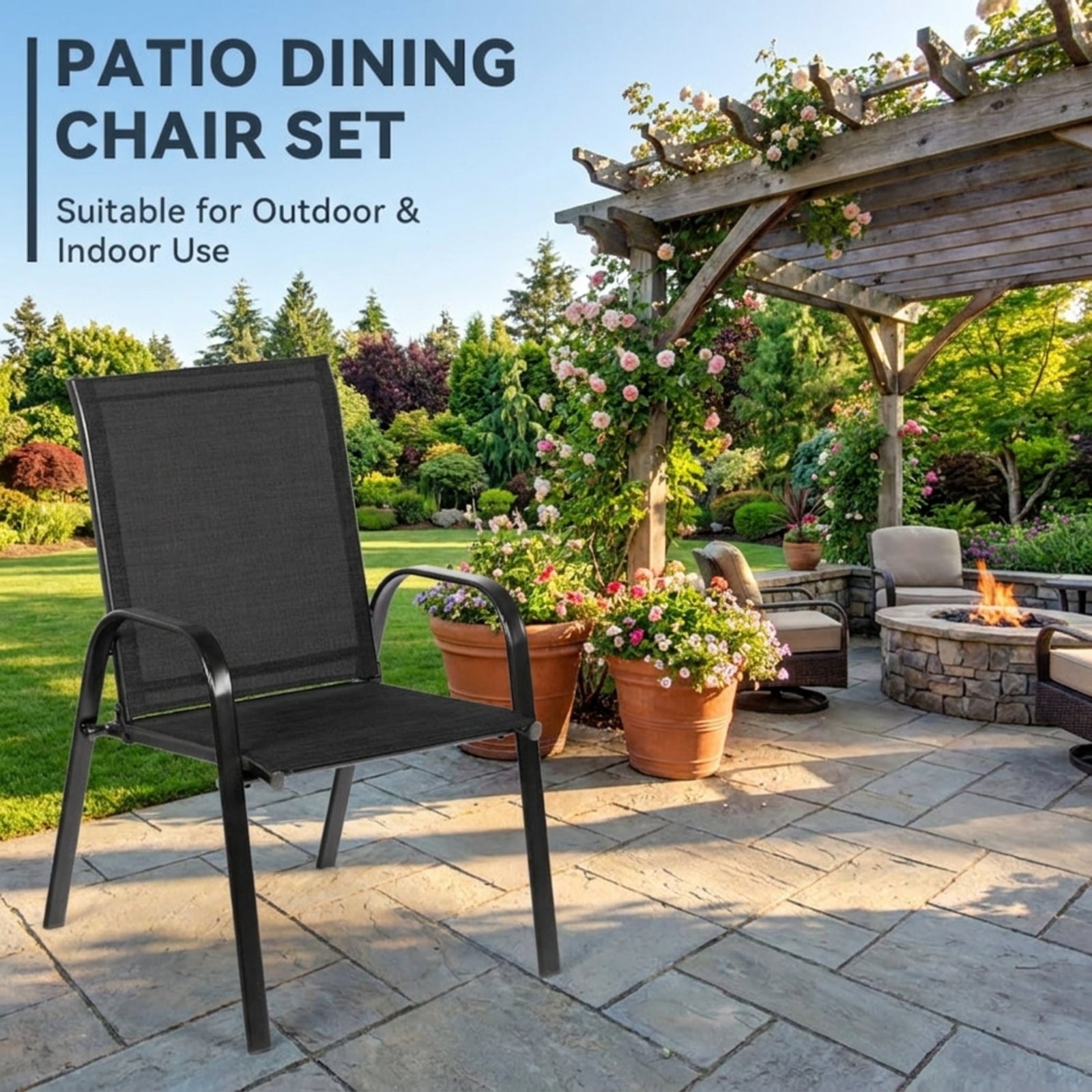 Biotree 2 Pcs Patio Outdoor Dining Chair with Armrest Stackable Patio Chair for Garden BackyardBlack