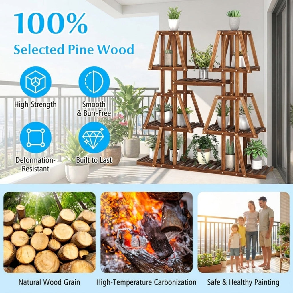 Biotree 5-Tier 10 Potted Wood Plant Stand for Multiple Plants for Indoor Outdoor Patio Balcony Garden, Brown