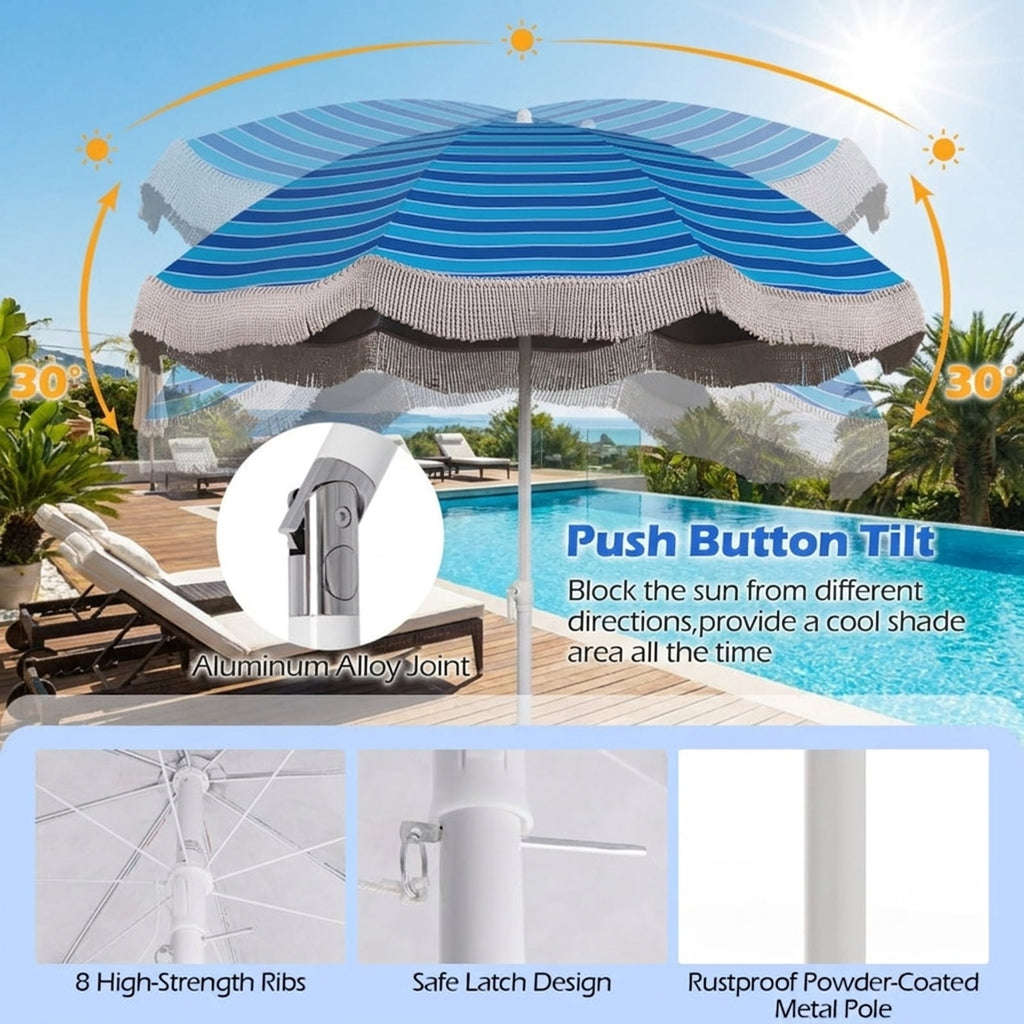 Biotree 6 ft Beach Tassel Fringe Patio Umbrella Crank Tilt Outdoor Shade - Blue - UV Protection with Cross Base