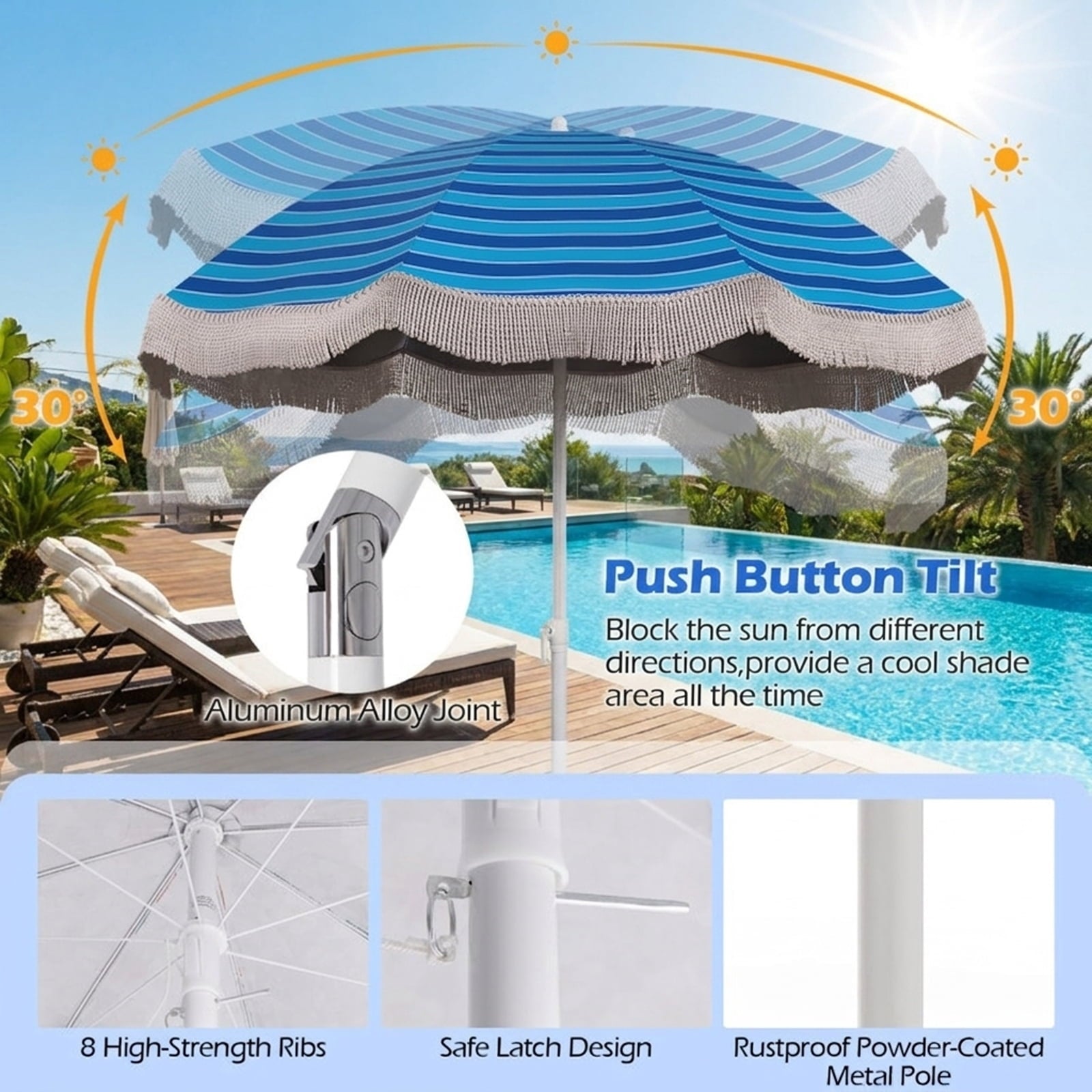 Biotree 6 ft Beach Tassel Fringe Patio Umbrella Crank Tilt Outdoor Shade - Blue - UV Protection with Cross Base