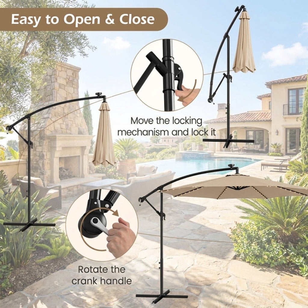 Biotree 10 ft Cantilever Offset Patio Umbrella Solar LED Lights Outdoor Shade - Beige - UV Protection