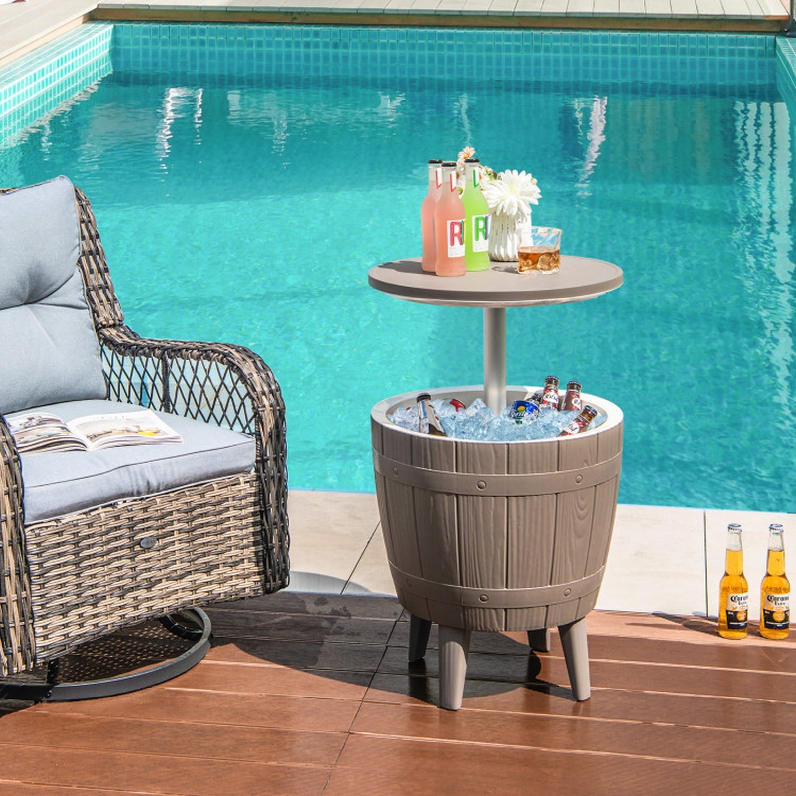Biotree 10 Gallon Cooler Bar Table Outdoor Coffee Table Ice Bucket with Telescopic Tabletop for Beer and Wine, Brown