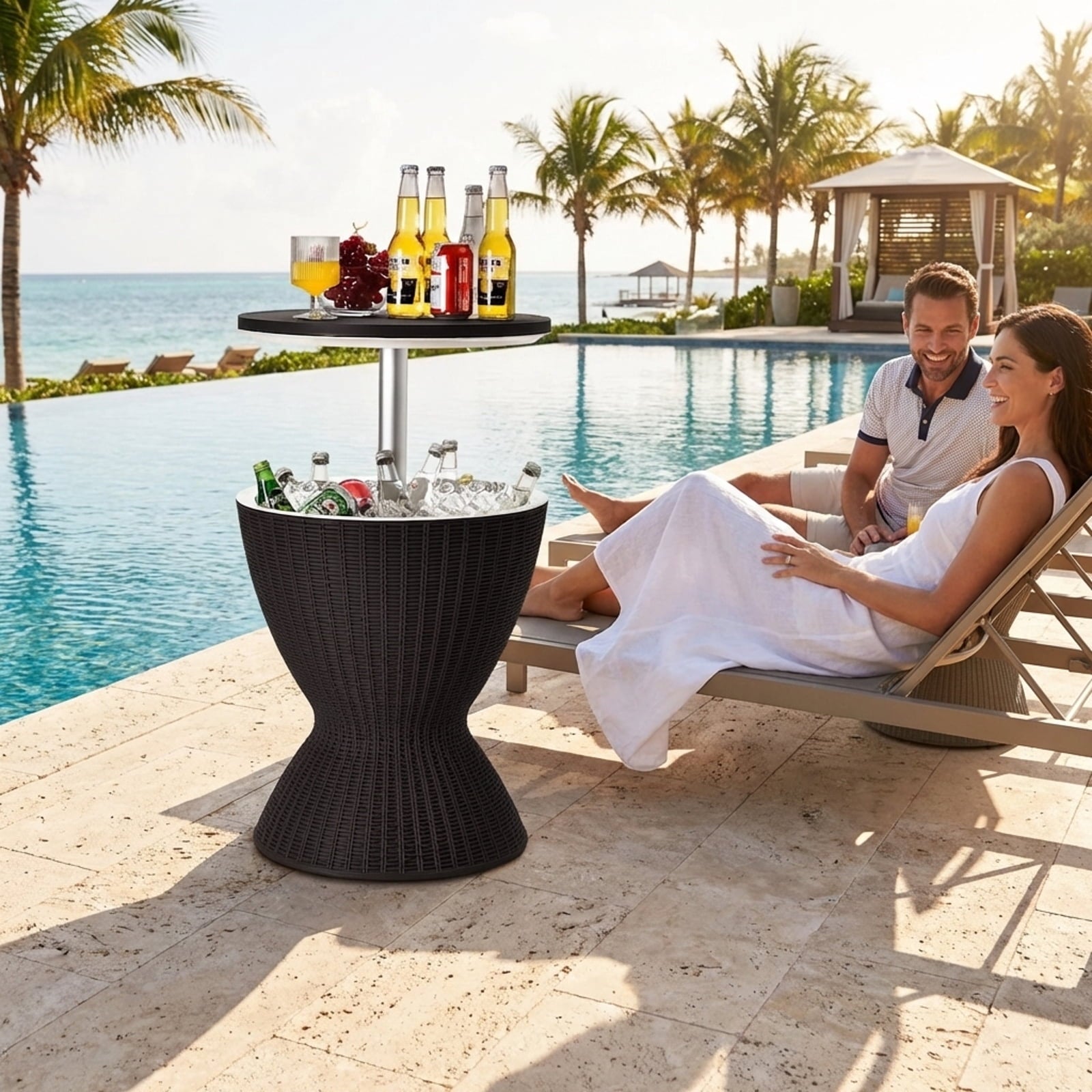 Biotree 3 in 1 8 Gallon Patio Rattan Cooler Bar Table with Adjust Ice Bucket-Black Outdoor Party Entertainment