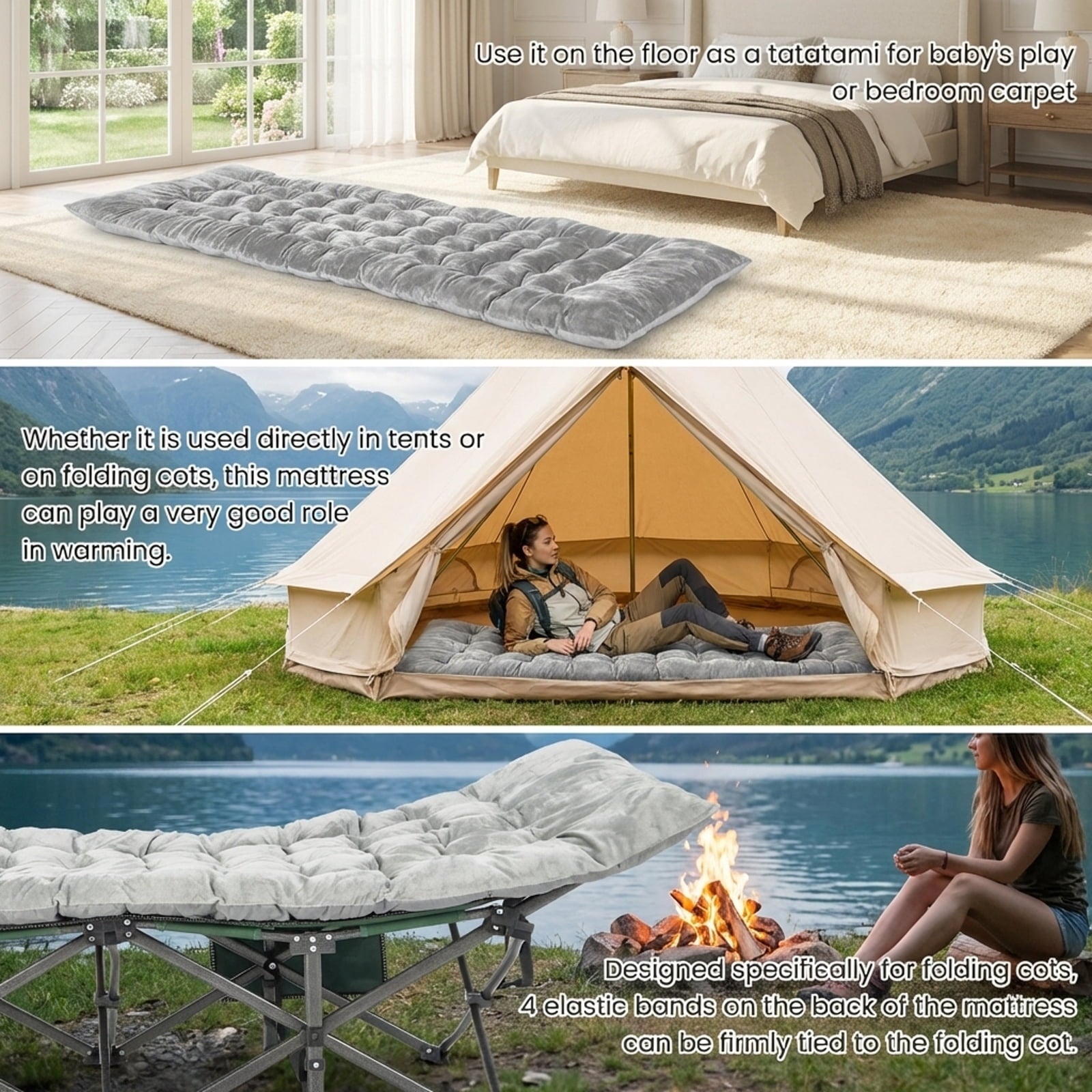 Biotree 75 x 27.5 Inch Camping Cot Pad with Soft Breathable Crystal Velvet Portable Sleeping Pad for Camping Cot, Gray