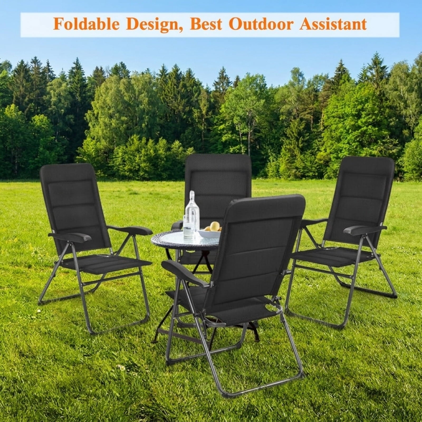 Biotree Set of 4 Patio Folding Chairs with Adjustable Backrest Stackable Patio Chair for Garden BackyardBlack