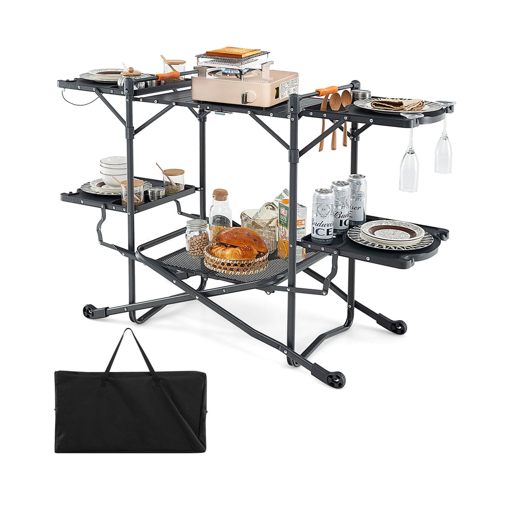 Biotree Folding Portable Outdoor Cook Station with Heat-Resistant Aluminum Tabletop Camp Kitchen Table with Storage, Black