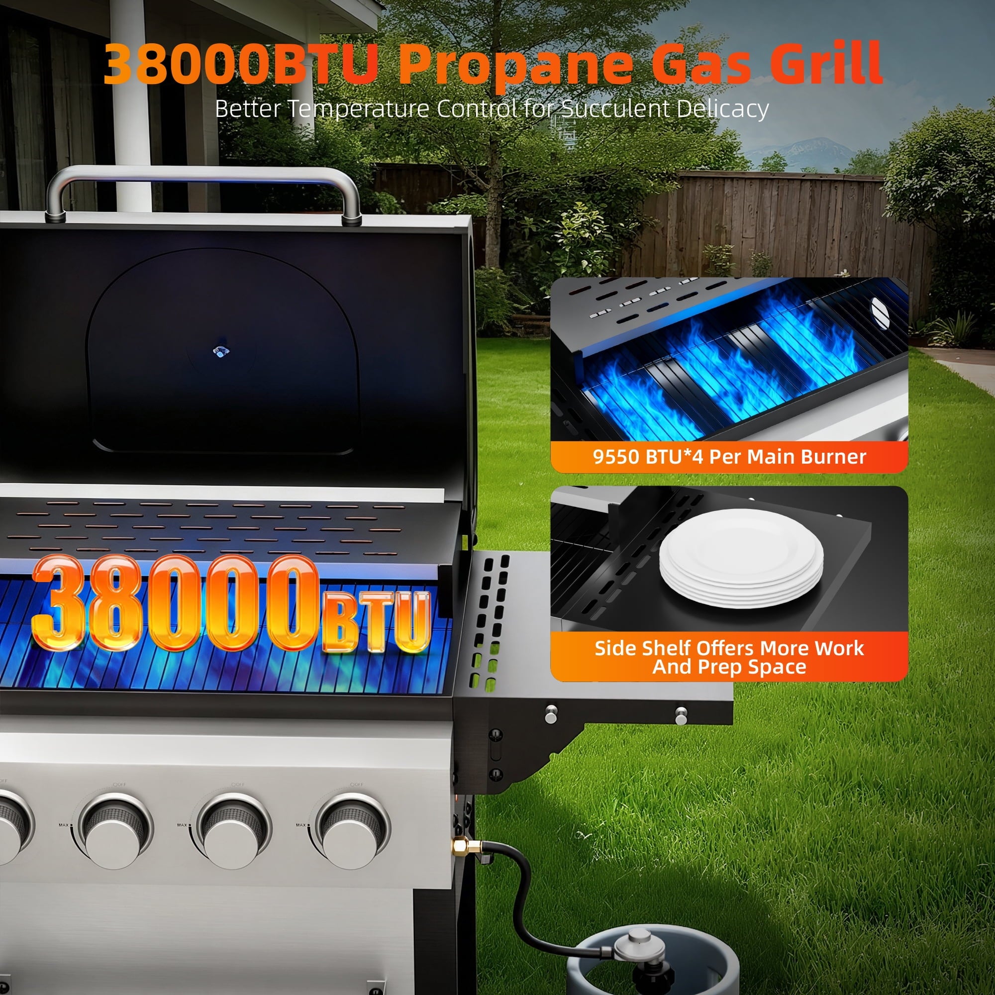Biotree 4 Burner BBQ Propane Gas Grill, Stainless Steel 34,000 BTU Patio Garden Barbecue Grill with Two Foldable Shelves
