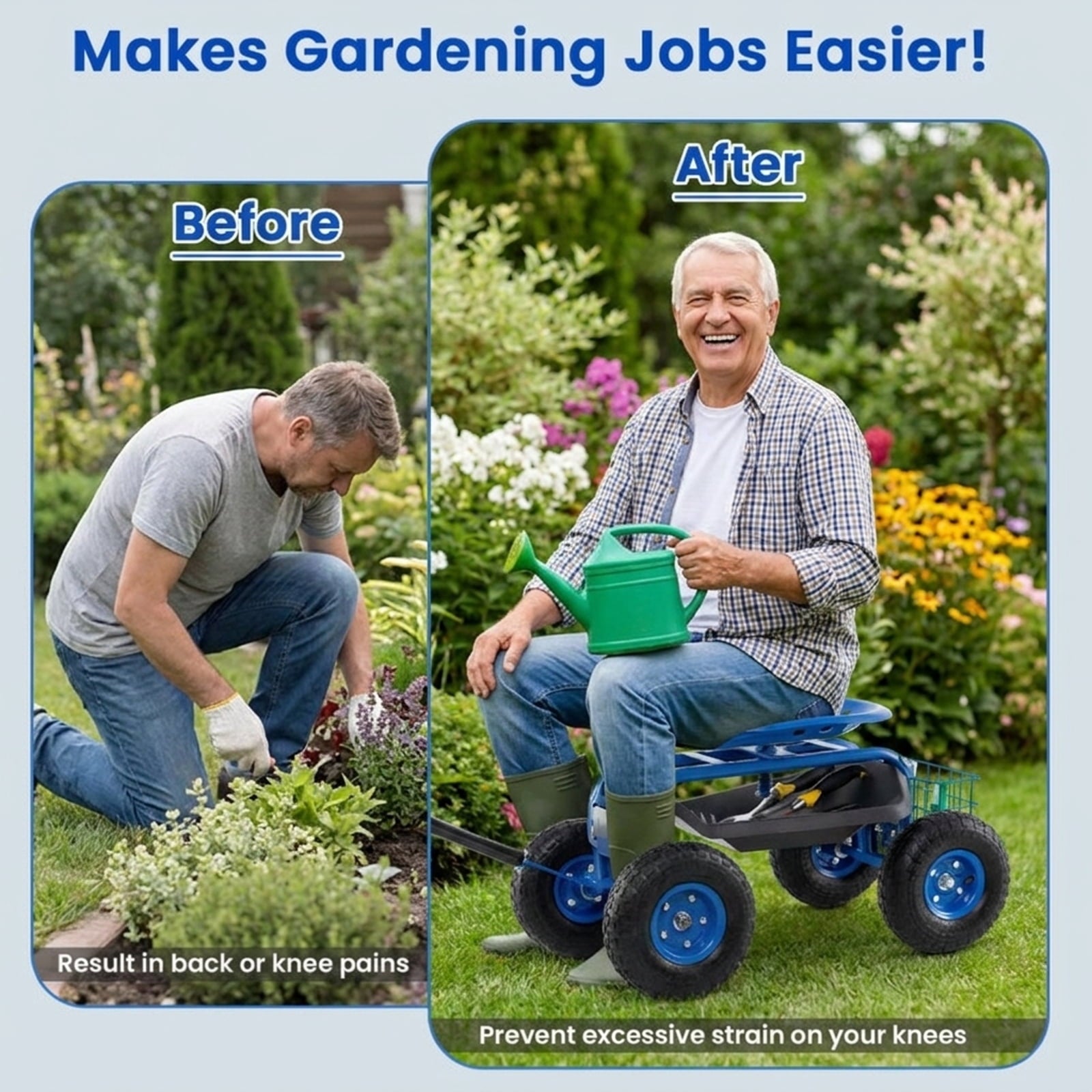 Biotree 4-Wheel Rolling Garden Cart Work Seat for Garden Yard Lawn Work Outdoor, Blue