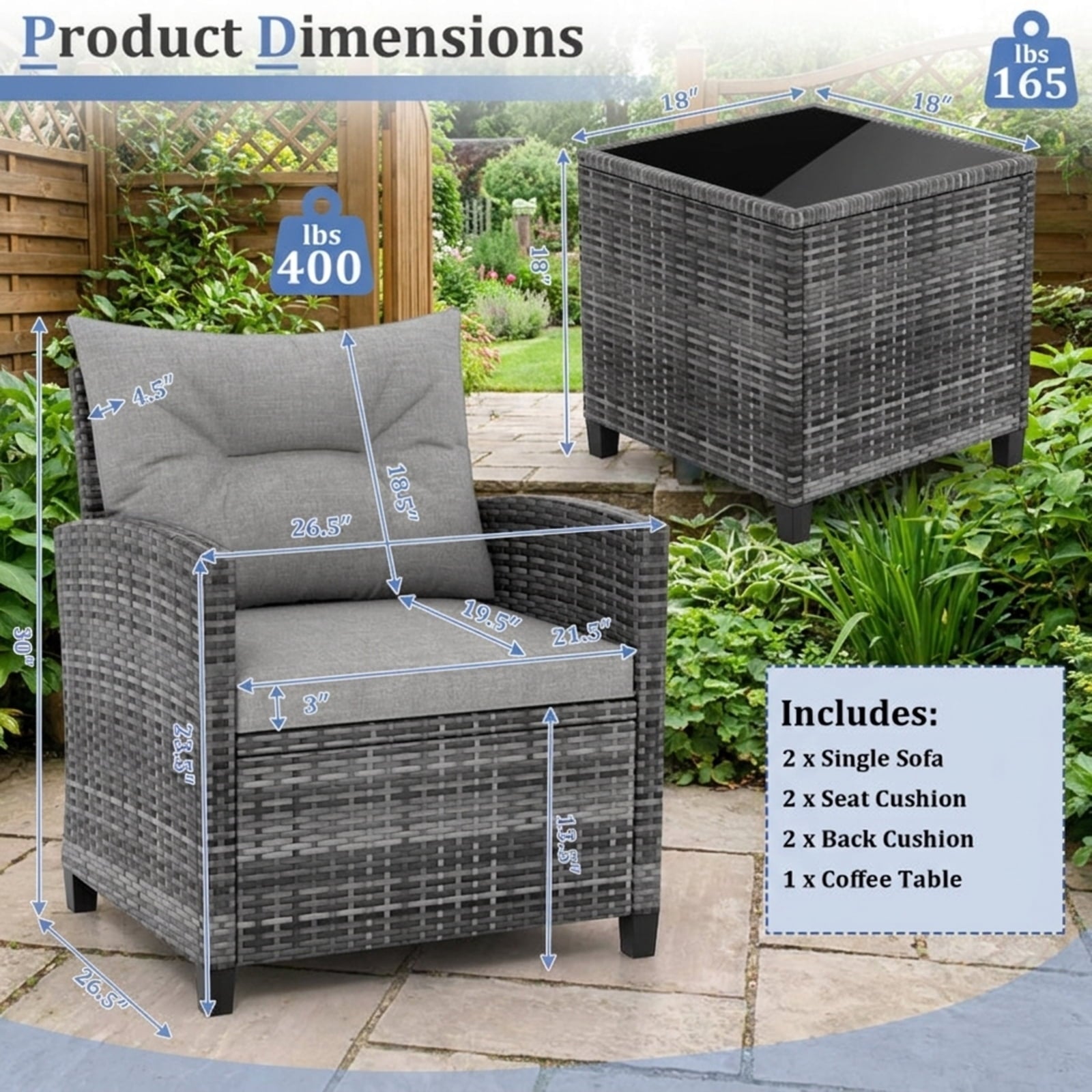 Biotree 3 Pieces Outdoor Wicker Conversation Set with Tempered Glass Tabletop Outdoor Conversation Set for Garden Backyard PorchGray
