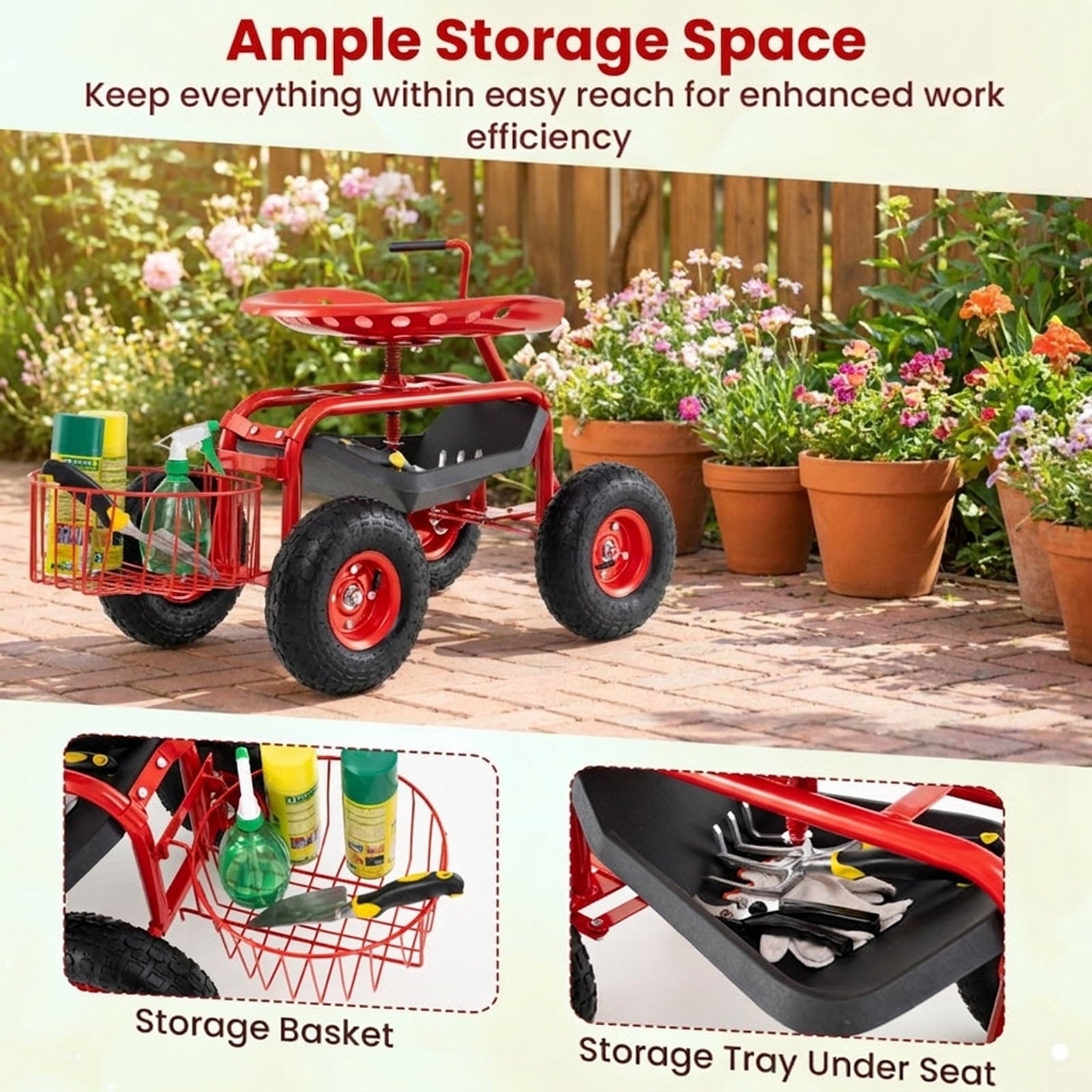 Biotree Extendable Handle Garden Cart Rolling Wagon Scooter for Garden Yard Lawn Work Outdoor, Red