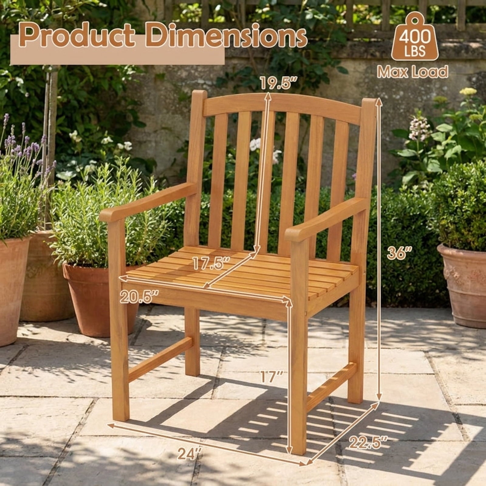 Biotree Solid Acacia Wood Patio Chairs Set of 2 with Slatted Seat and Inclined Backrest for PorchNatural