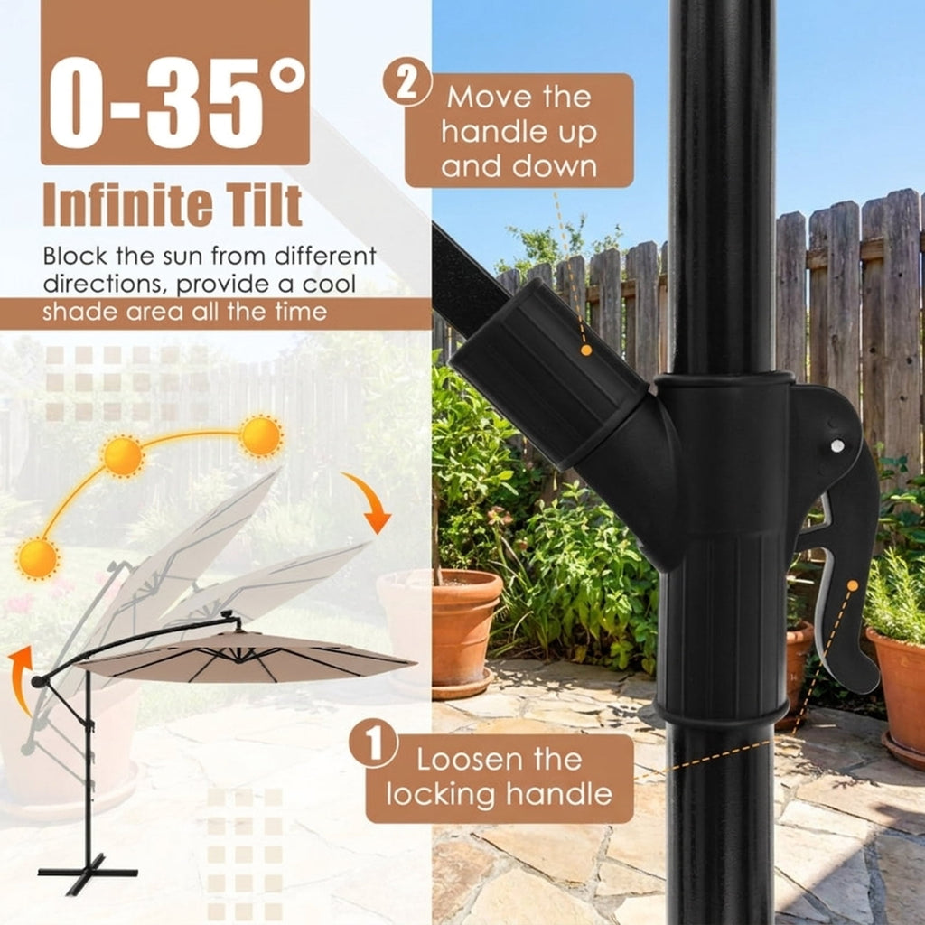 Biotree 10 ft Solar Offset Hanging Umbrella with 40 LED Lights and Cross Base 180G Polyester UV-Resistant Canopy for Outdoor - Wine Red