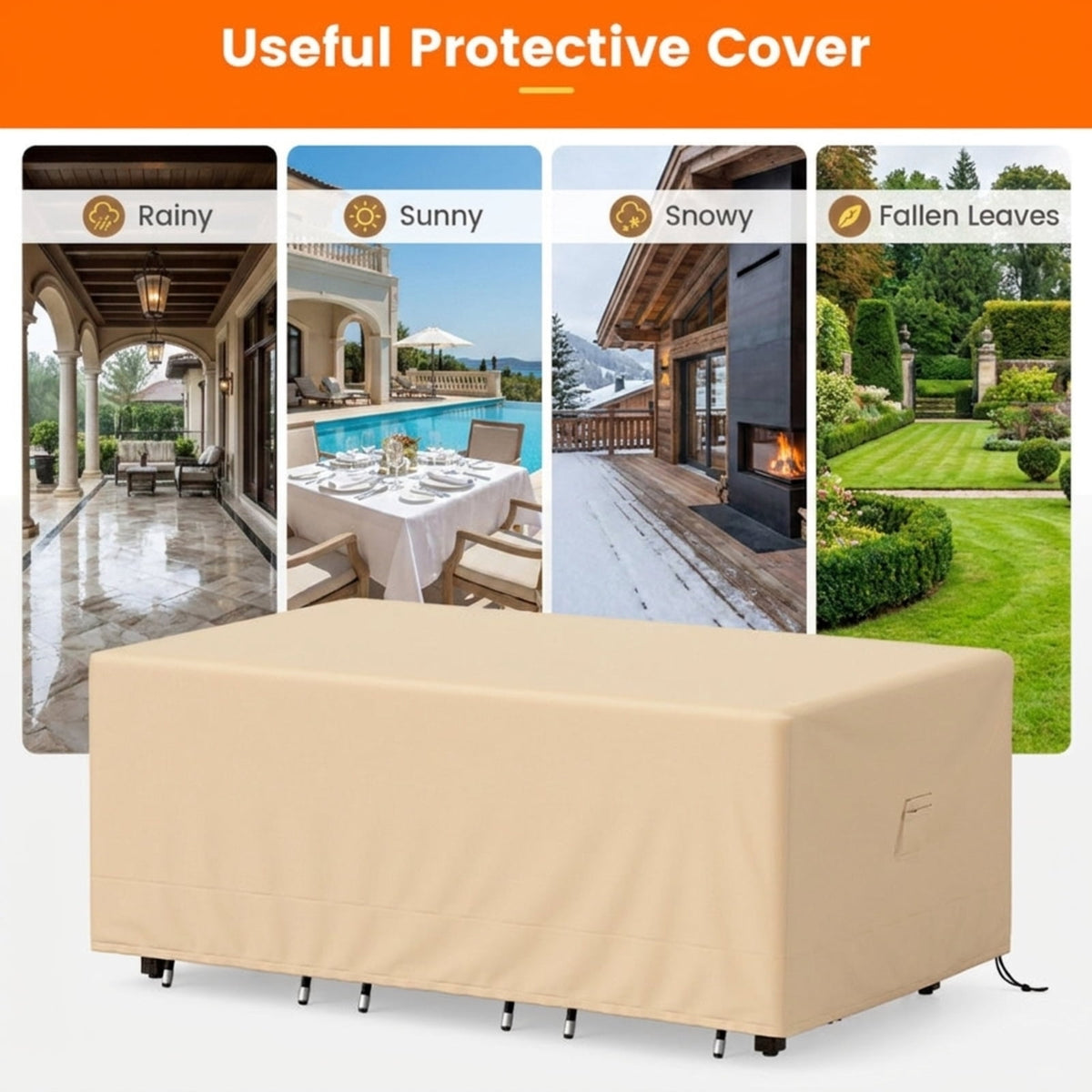 Biotree Waterproof Patio Furniture Cover with Padded Handle and Click-Close Straps Heavy Duty Outdoor Table Cover 90 x 50 x 32 Inches, Beige