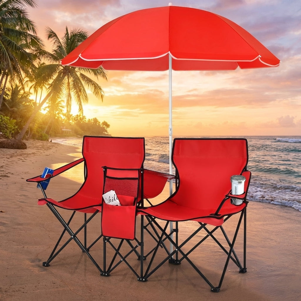 Biotree Double Camping Chair with Removable Umbrella Portable Folding Loveseat with Cooler Bag and Cup Holders for Beach Picnic, Red