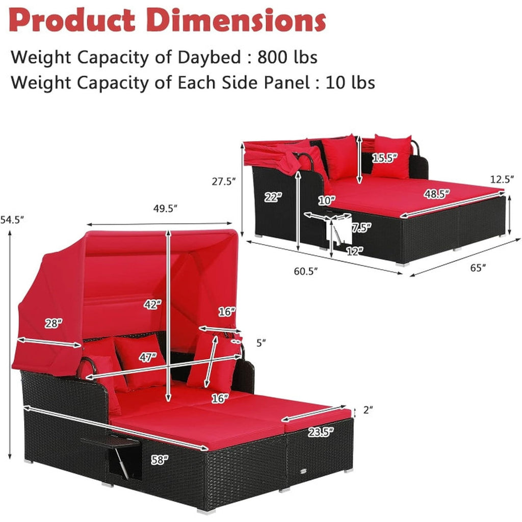 Biotree Patio Rattan Daybed with Retractable Canopy and Side Tables Outdoor Conversation Set for Garden Backyard PorchRed