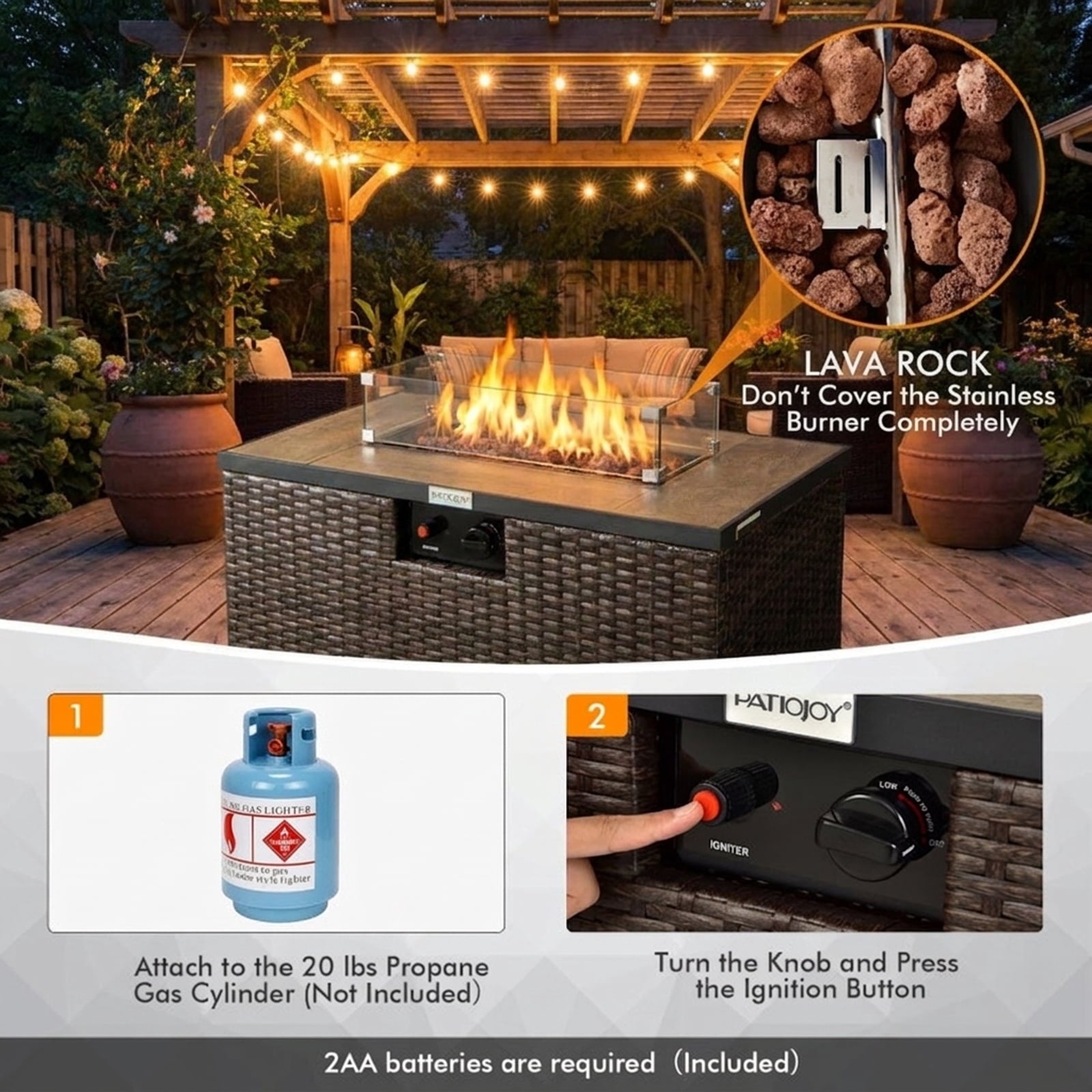 Biotree 32 x 20 Inch Propane Rattan Fire Pit Table Set with Side Table Tank and Cover for Outdoor Patio Backyard Garden Camping, Brown