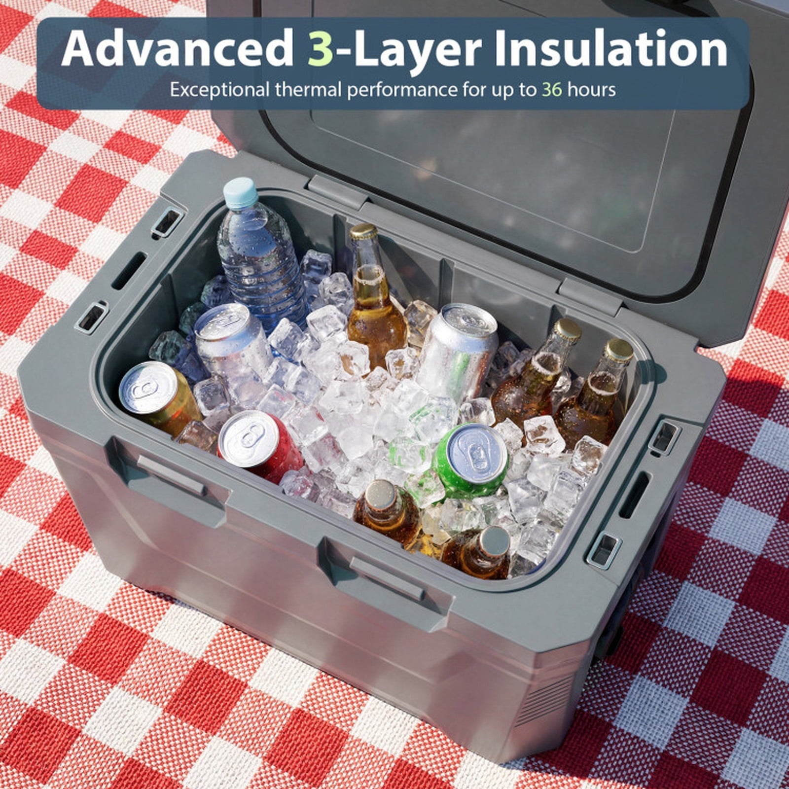 Biotree Insulated Portable Cooler Hard Shell Ice Chest with 2 Cup Holders Bottle Opener and Drain Plug, 37 Qt, Gray