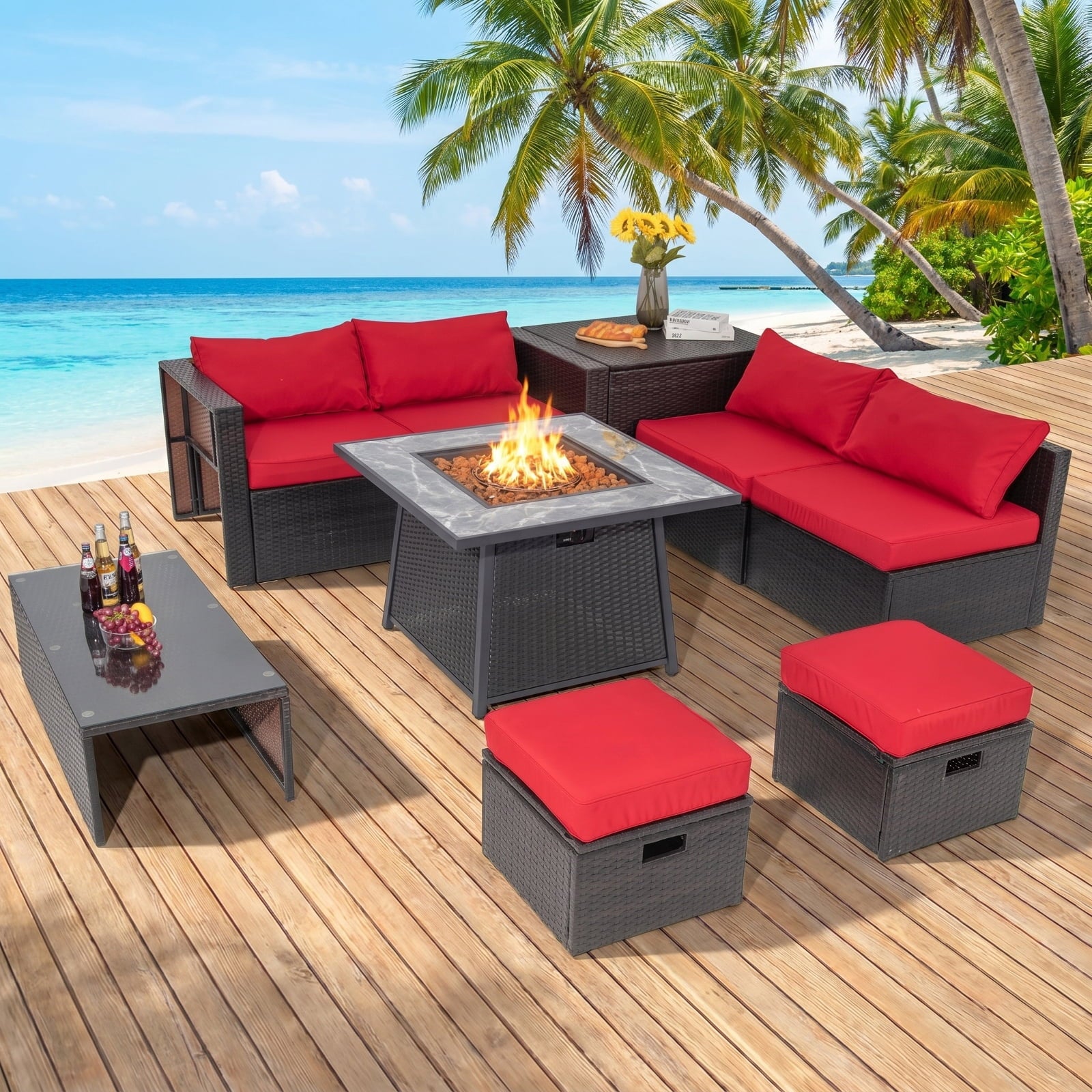 Biotree 35 Inch Propane Gas Fire Pit Table Wicker Rattan with Lava Rocks PVC Cover for Outdoor Patio Backyard Garden Camping, Black
