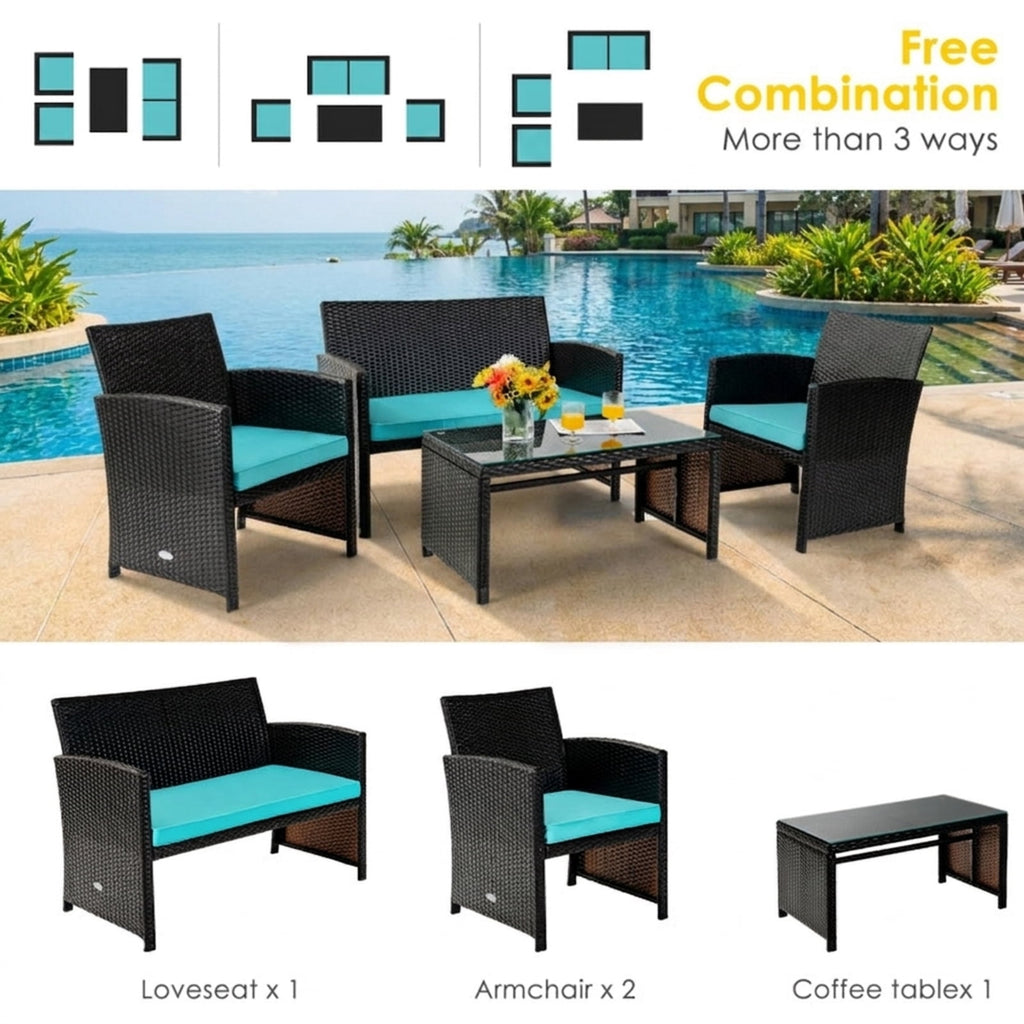 Biotree 4 Pieces Patio Rattan Furniture Set with Glass Table and Loveseat Outdoor Conversation Set for Garden Backyard PorchGray
