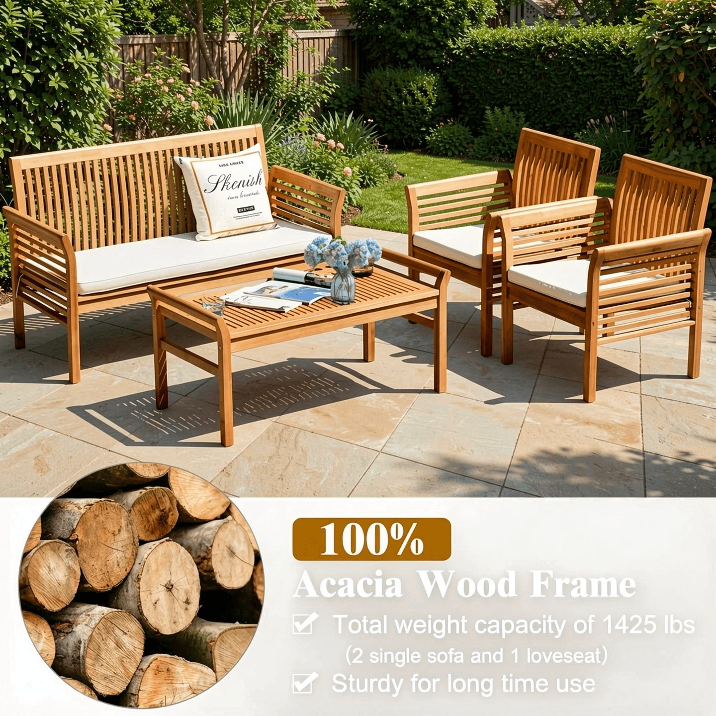 Biotree 4-Piece Outdoor Acacia Wood Sofa Set with Cushions