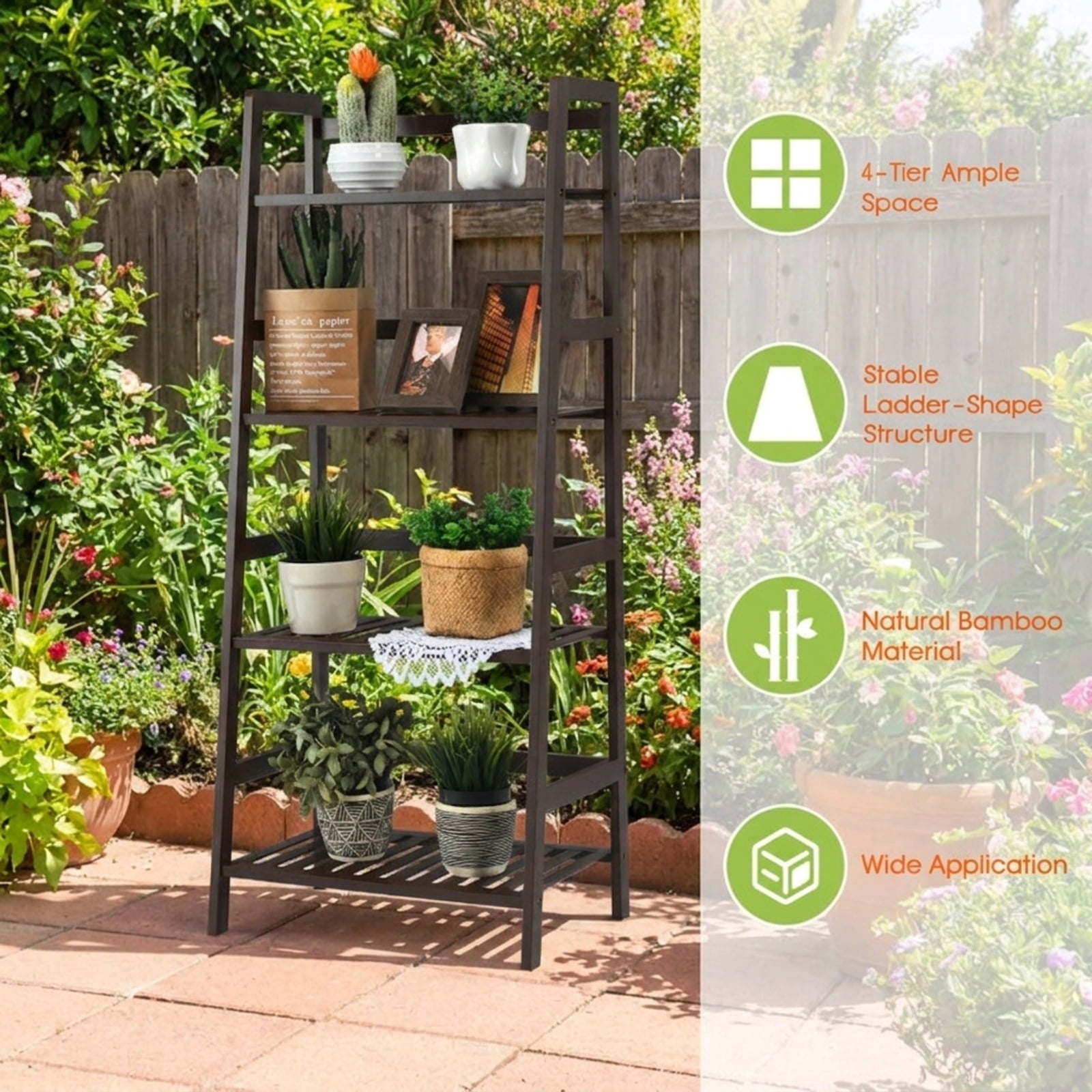 Biotree 4-Tier Bamboo Plant Rack with Guardrails Stable and Space-Saving for Indoor Outdoor Patio Balcony Garden, Brown