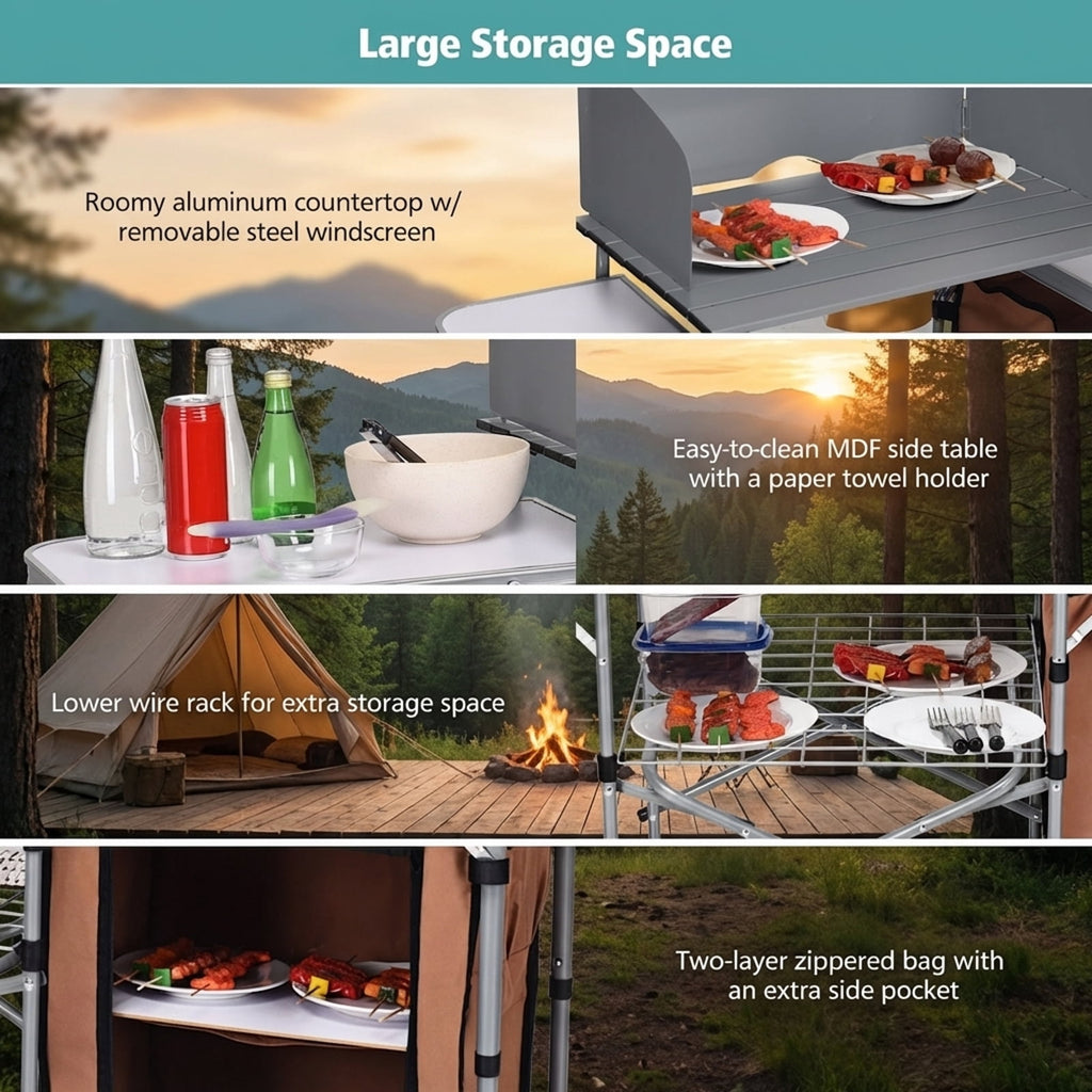 Biotree Foldable Outdoor BBQ Portable Grilling Table with Windscreen and Carry Bag Camping Grill Table for Cooking, Silver