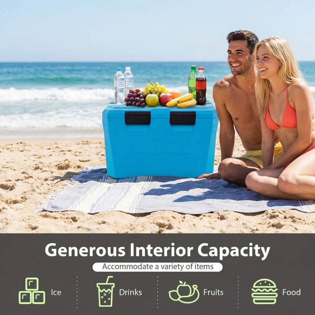 Biotree Insulated Portable Cooler Hard Shell Ice Chest with 2 Cup Holders Bottle Opener and Drain Plug, 37 Qt, Blue