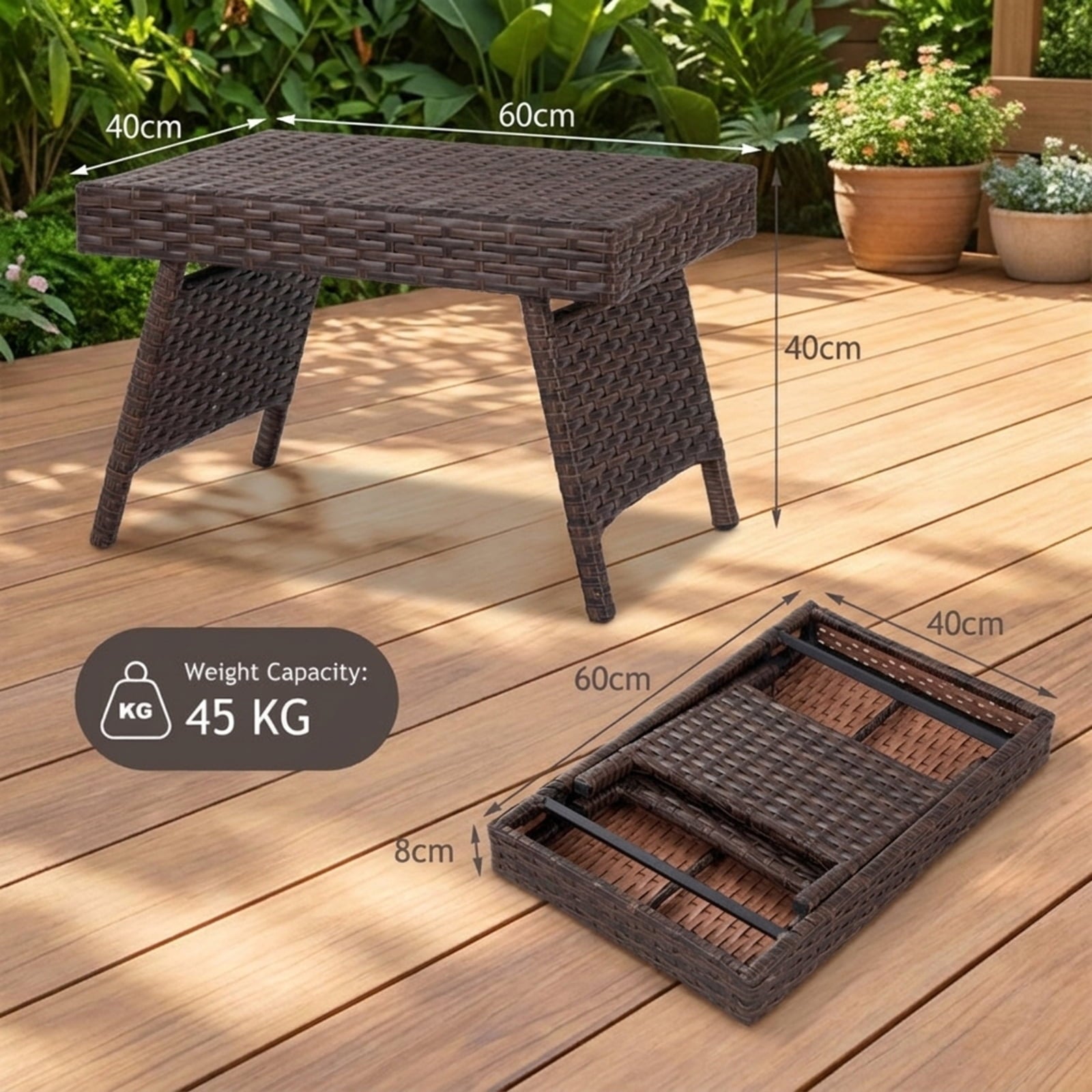 Biotree Folding PE Rattan Side Coffee Table Patio Garden Furniture, Black