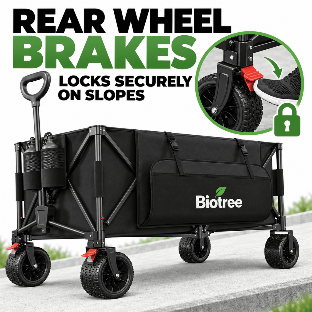 Biotree Collapsible Wagon Cart with Brakes, 600 lbs Heavy-Duty Folding Beach Wagon, 300L Large Capacity Garden Cart with All-Terrain Utility Cart for Camping Sports Shopping, Black