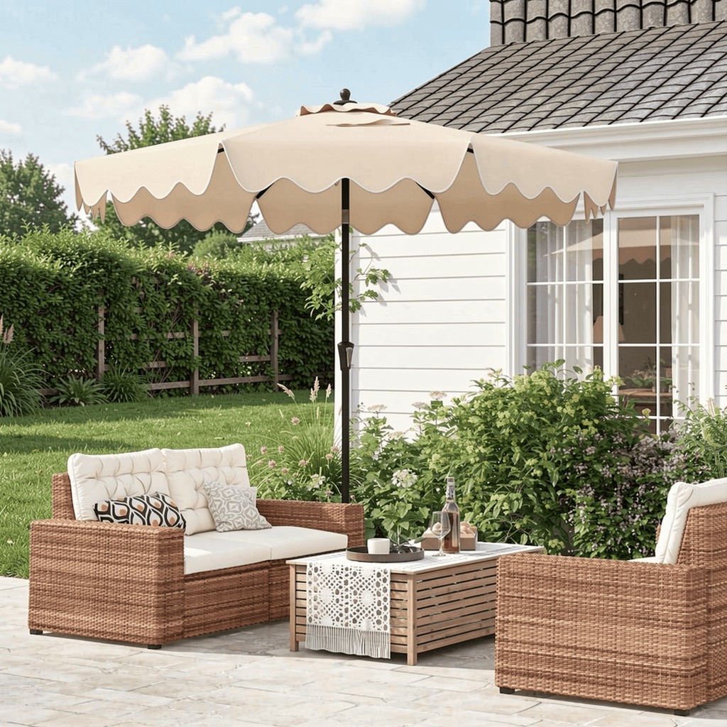 Biotree 9 Feet Patio Umbrella with Crank Handle and Push Button Tilt-Beige - Outdoor Patio Garden Sun Shade