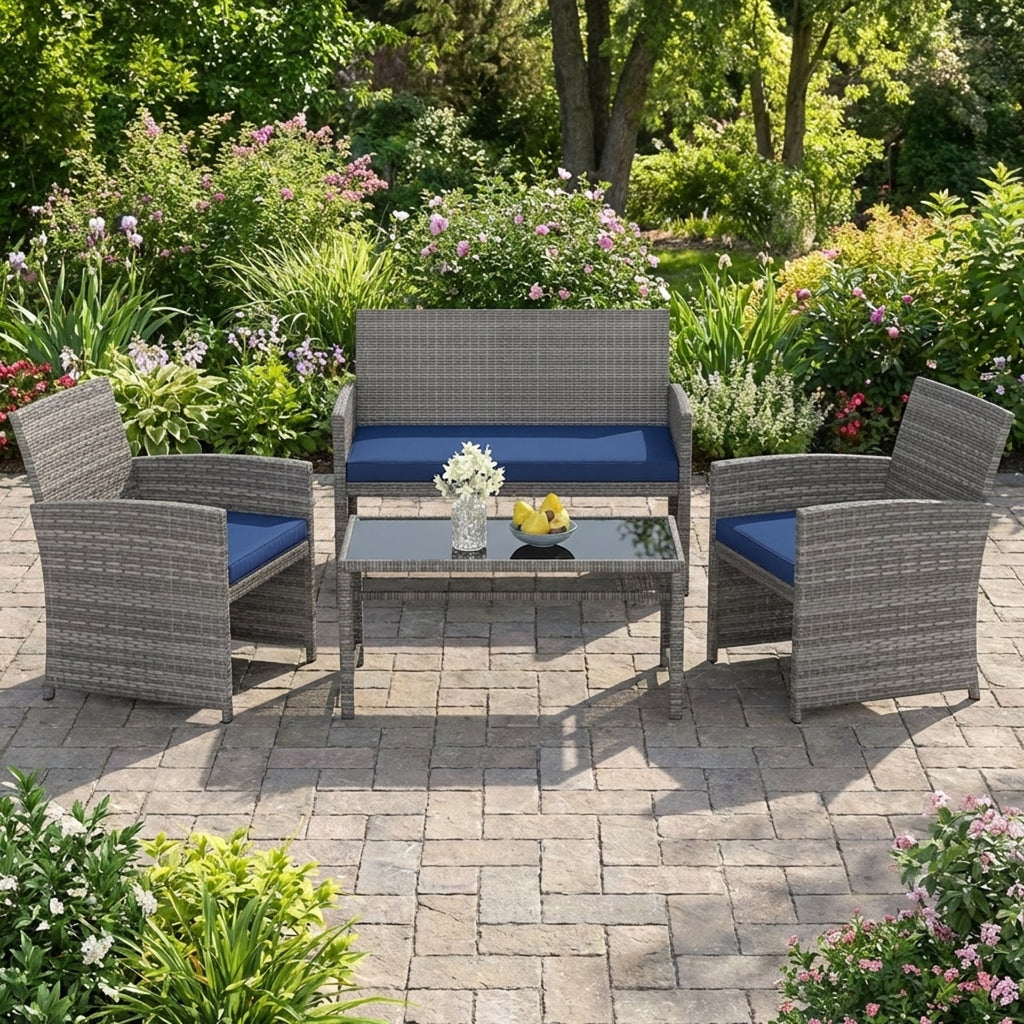 Biotree 4-Piece Patio Rattan Loveseat and Table Set-Navy