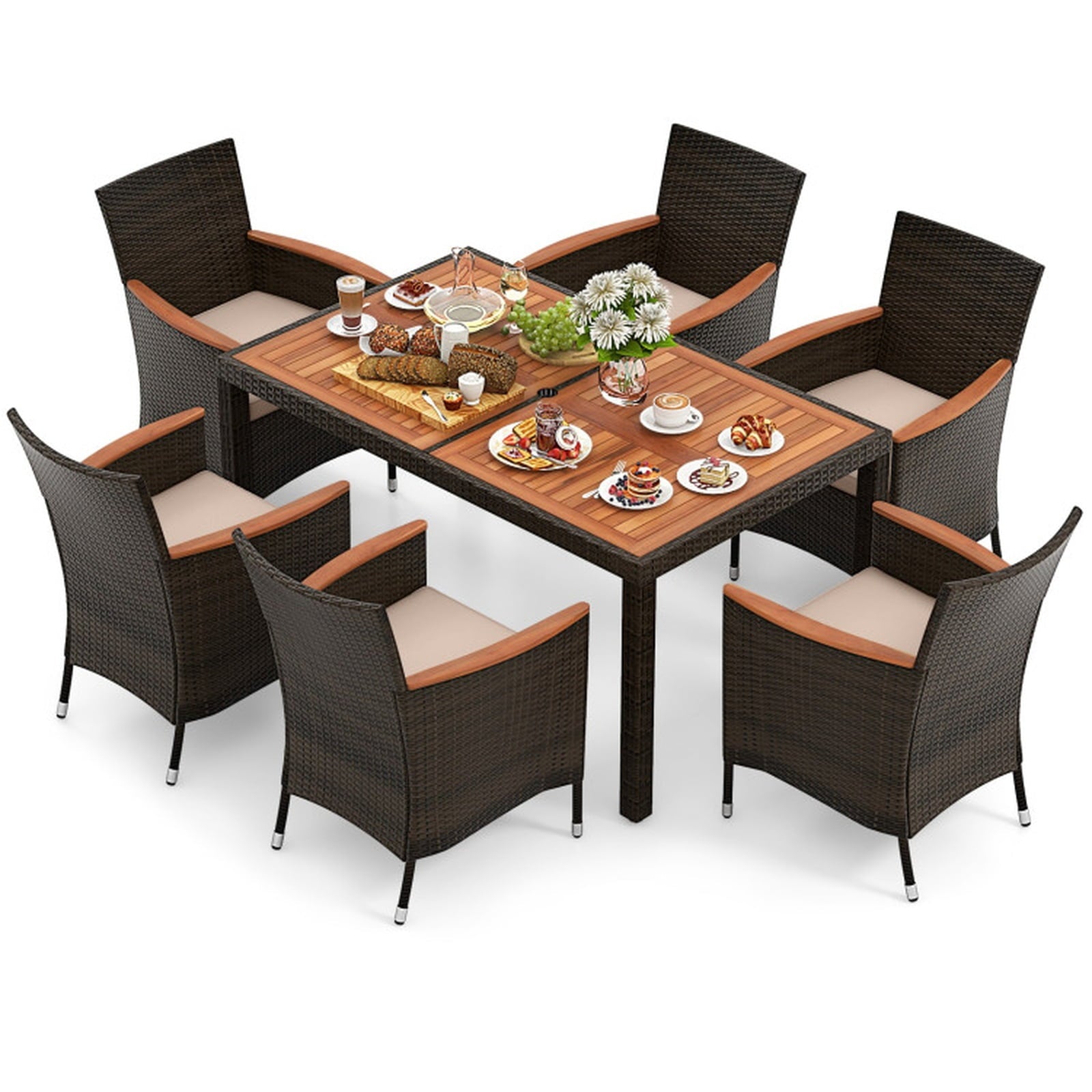 Biotree 7 Pieces Garden Dining Patio Rattan Set with Cushions for Backyard Outdoor Conversation Set for Garden Backyard PorchBrown