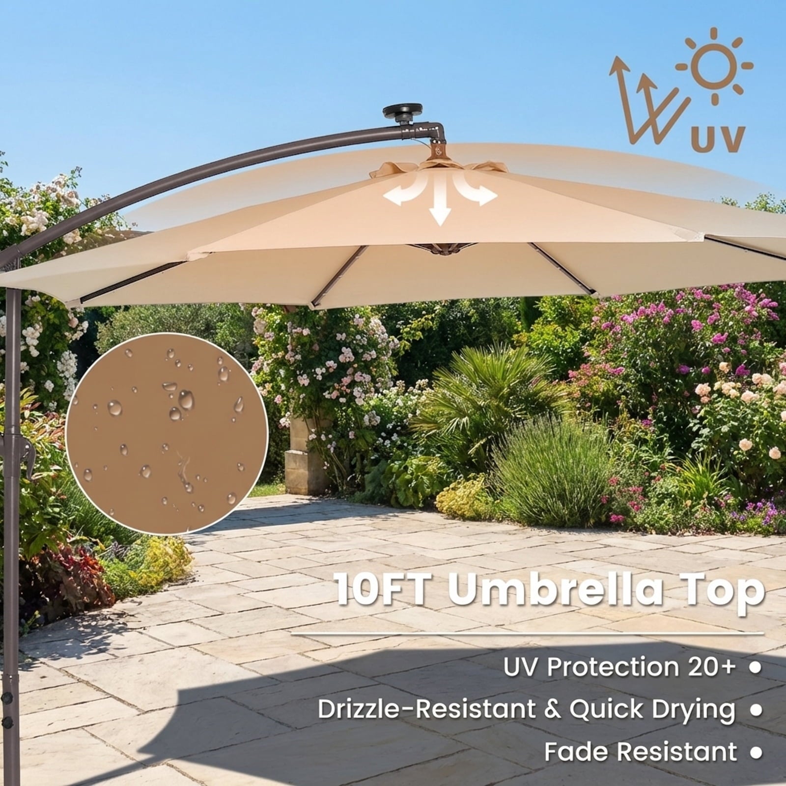 Biotree 10 Feet Cantilever Umbrella with 32 LED Lights and Solar Panel Batteries-Beige Outdoor Backyard